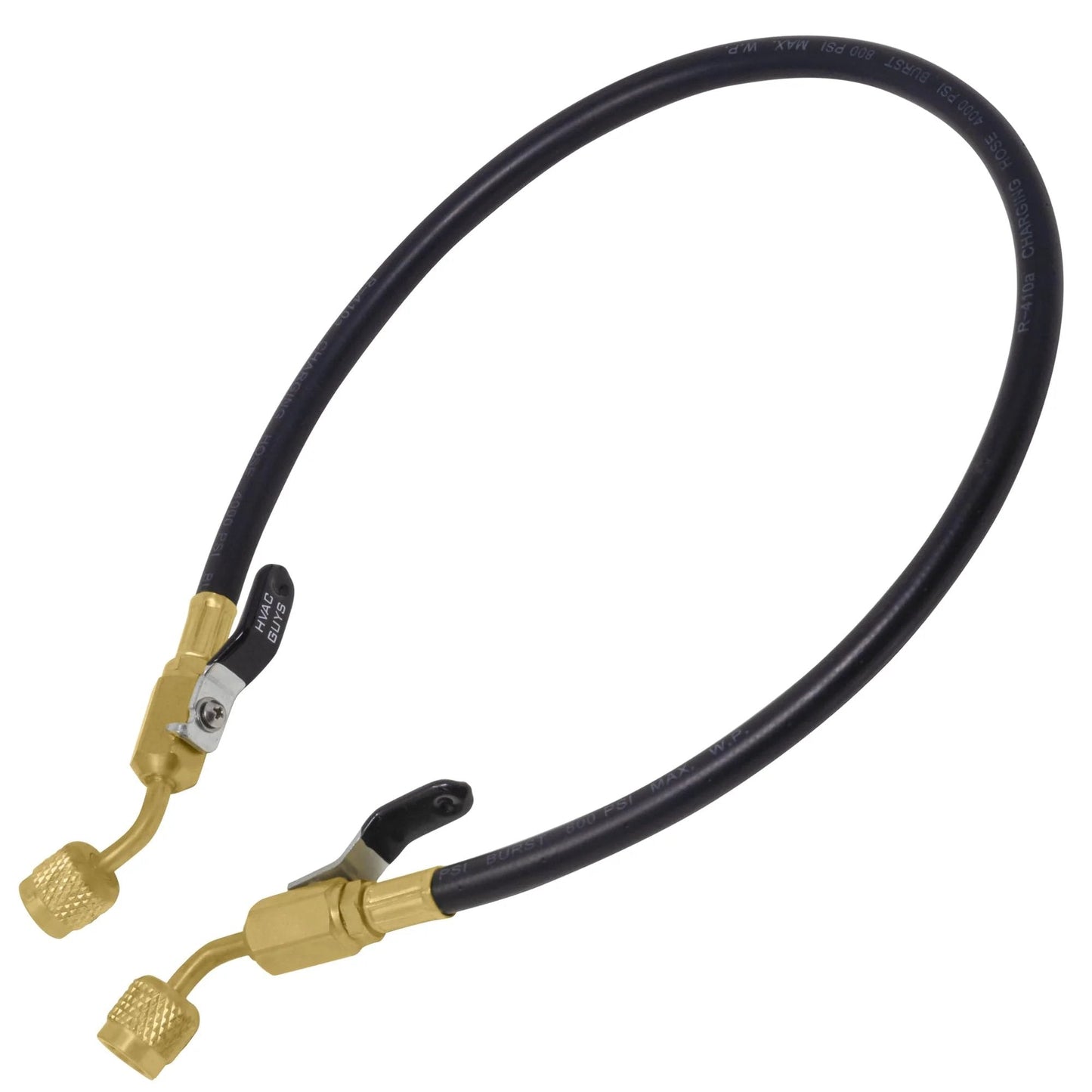 AC Leak Sealer Injector Hose Kit With Dual Ball Valves For Easy Injecting Of HVAC Sealant Into Air Conditioning And Refrigeration Systems, 24-inch hose with two ball valves.