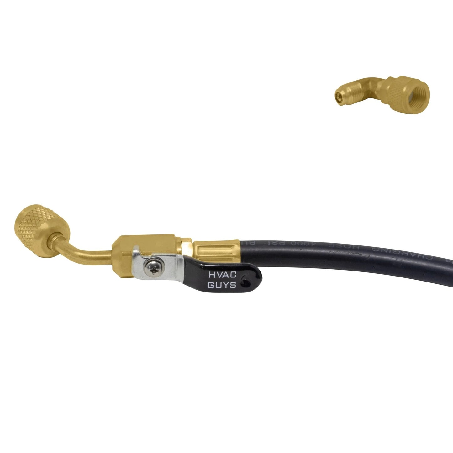 AC Leak Sealer Injector Hose Kit With Dual Ball Valves For Easy Injecting Of HVAC Sealant Into Air Conditioning And Refrigeration Systems close-up view of dual-ball-valve hose with brass fittings.