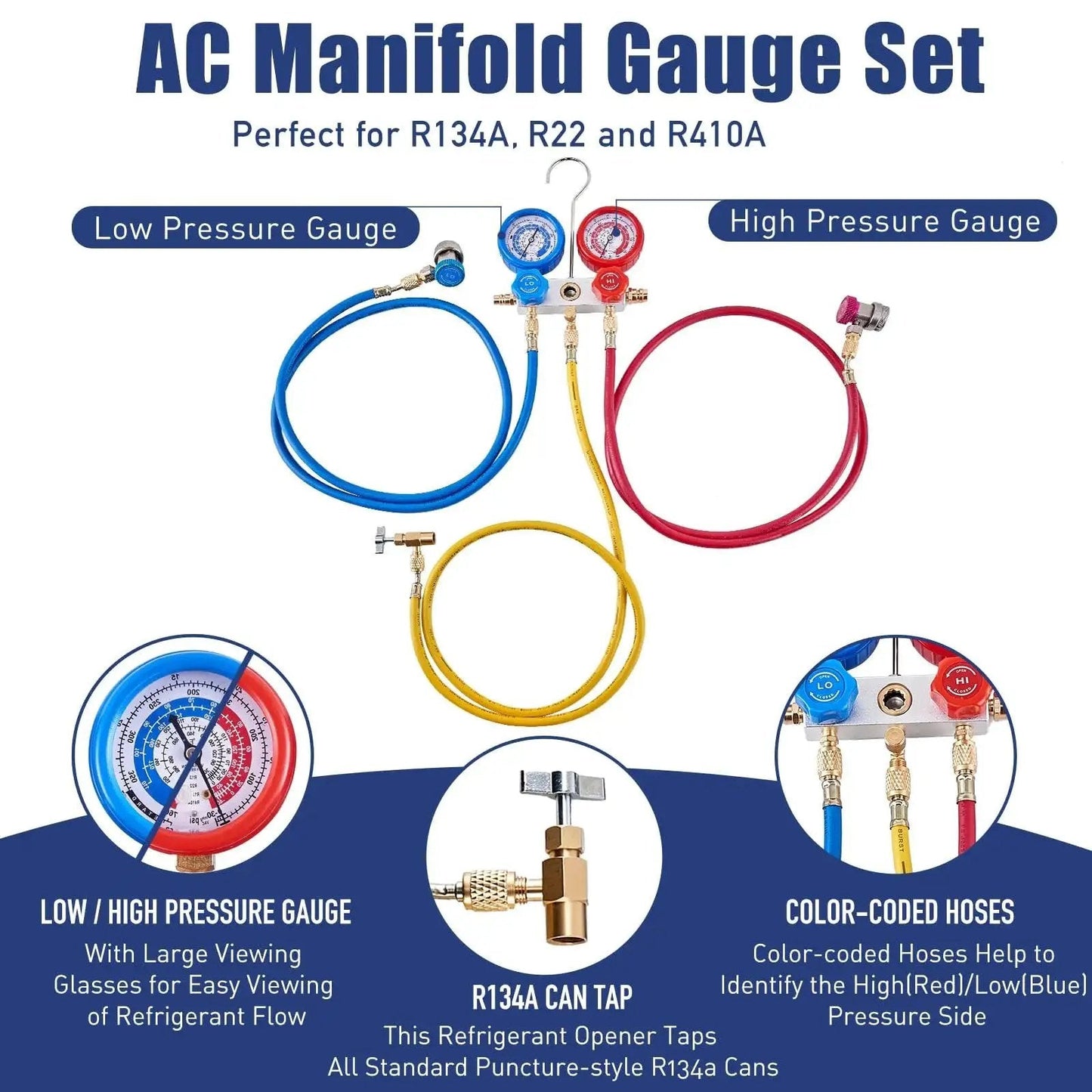 Powerful 3.6CFM 1/4HP AC Vacuum Pump Kit With Gauge Set showcasing low and high pressure gauges and color-coded hoses