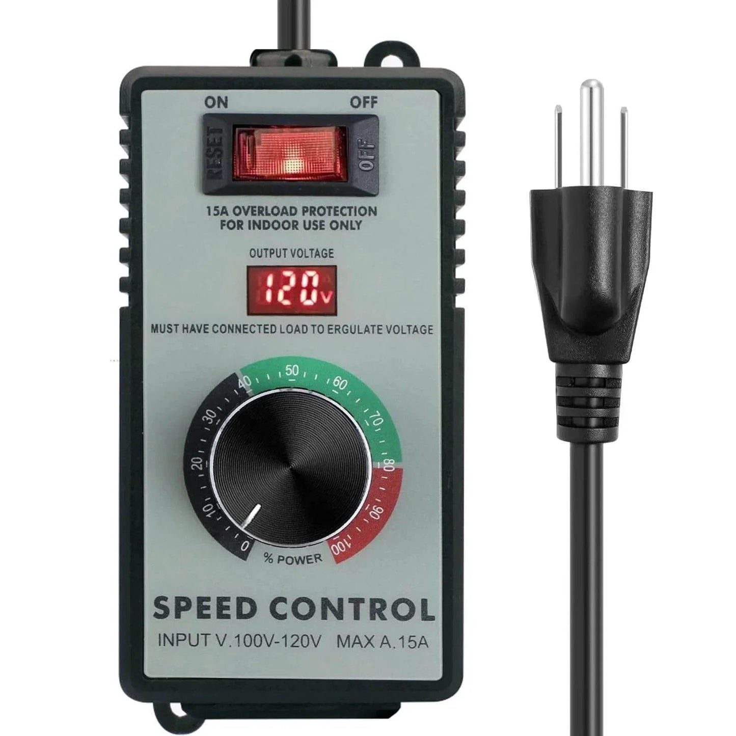 Front view of AC Motor Speed Controller 120V 15A Variable Speed Controller & Fan Speed Controller with LED display and power cord.