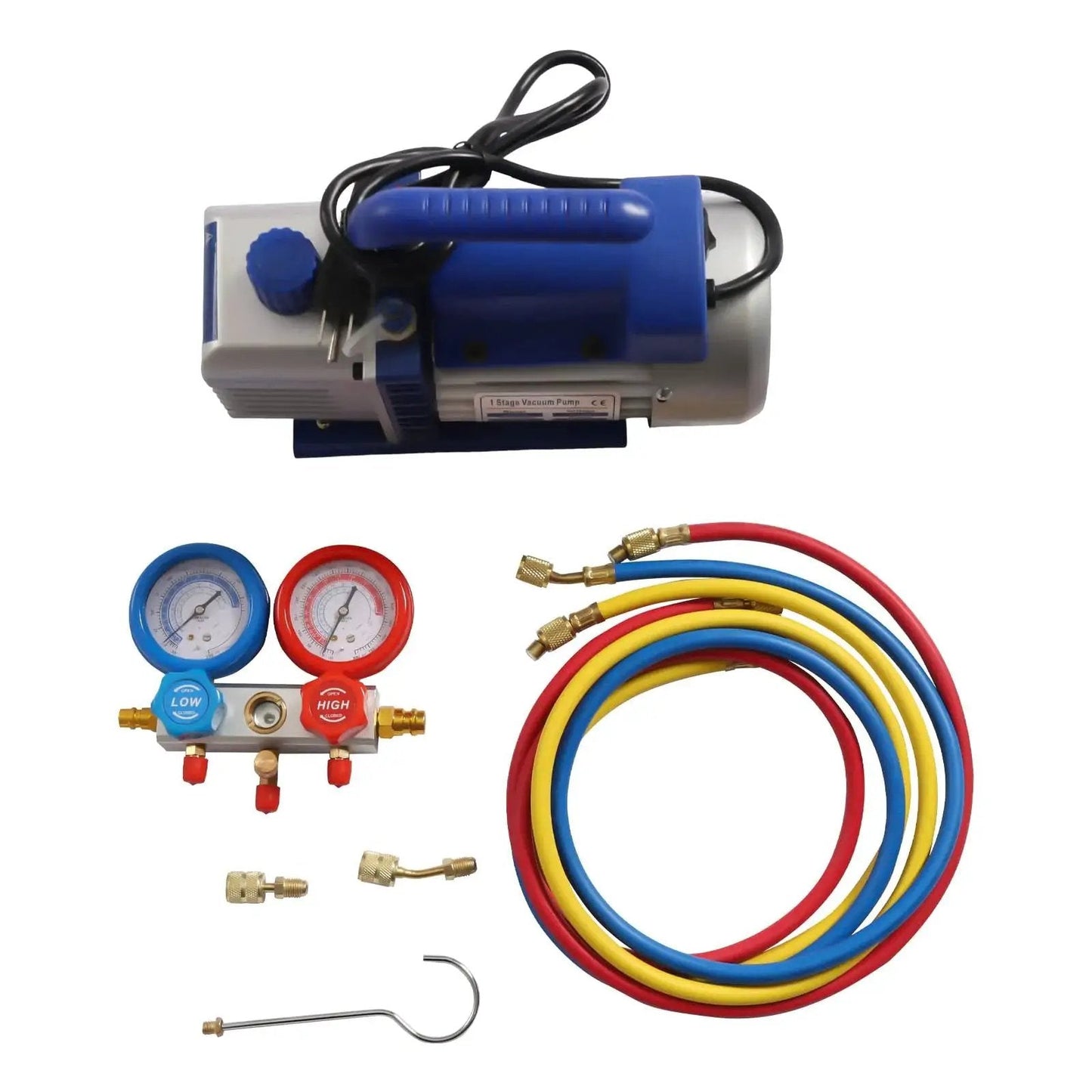 Heavy Duty Vacuum Pump And Manifold Gauge Set For AC Refrigeration Kit 110V 180W One Quarter HP Single Stage Auto And Home Use