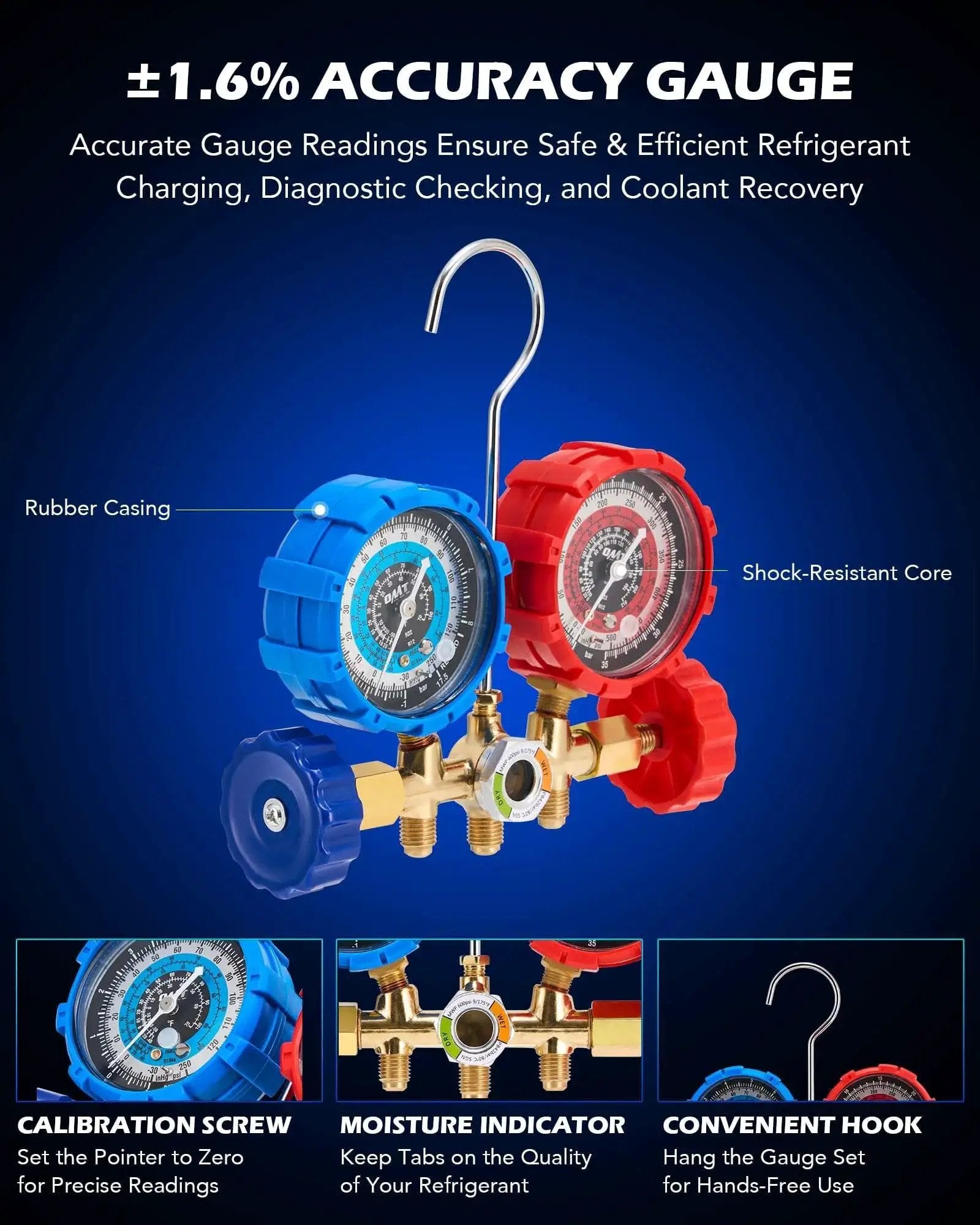 Professional Auto AC Vacuum Pump And Gauge Kit For R134a R12 R22 R502 with detailed gauge features and accessories.