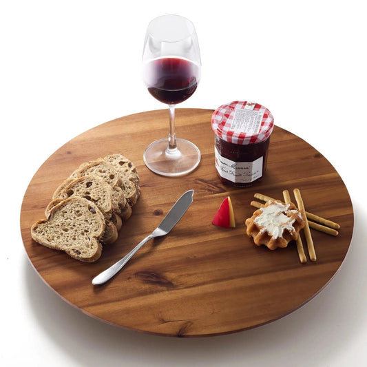 18 Inch Acacia Wood Lazy Susan for Tabletop and Countertop Use with bread, cheese, jam, and wine. Extra large serving tray.
