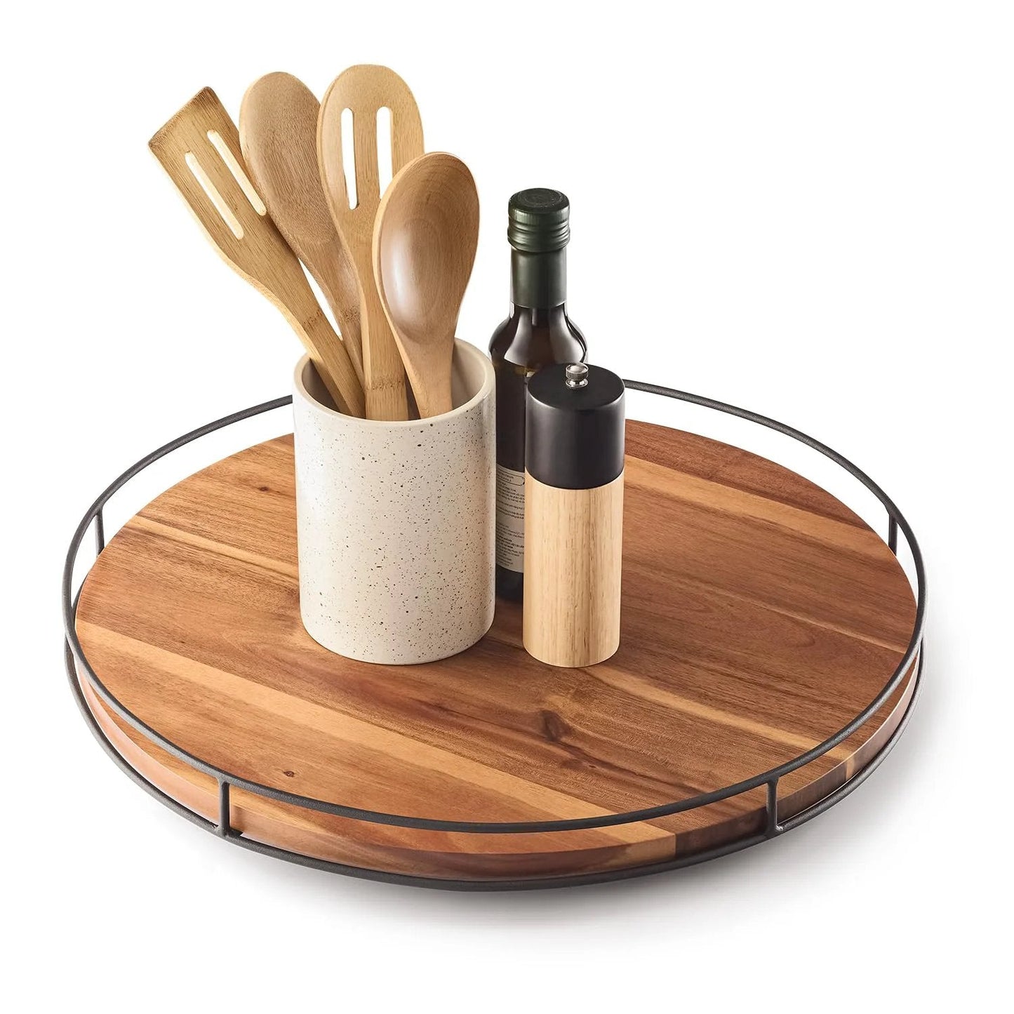 18-Inch Acacia Wood Lazy Susan Turntable With Metal Frame Large Brown Serving Tray For Charcuterie Cheese Board Kitchen Countertop Organizer And Rotating Serving Center Handcrafted From Premium Acacia With Durable Bearings For Smooth Rotation