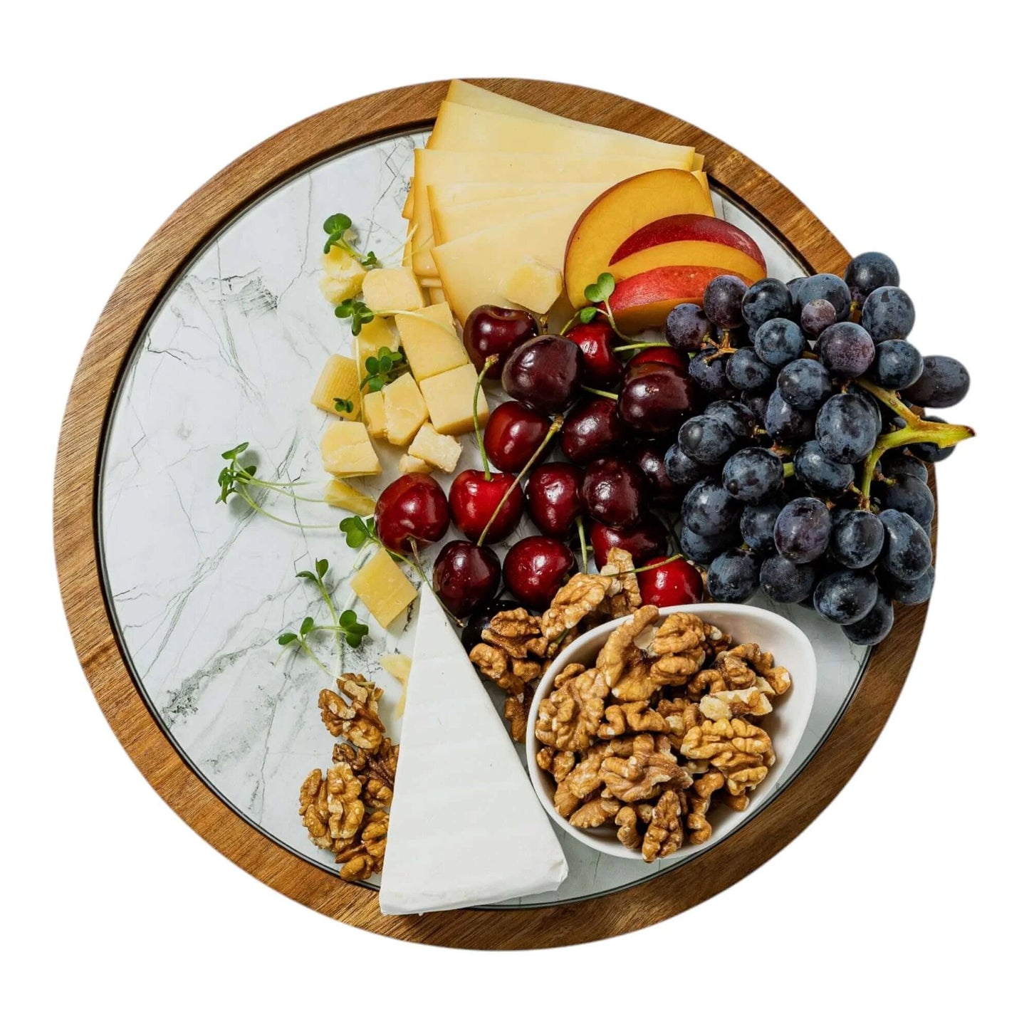 12 inch acacia wood lazy susan turntable with removable glass plate, wooden tabletop rotating organizer with marble texture serving tray