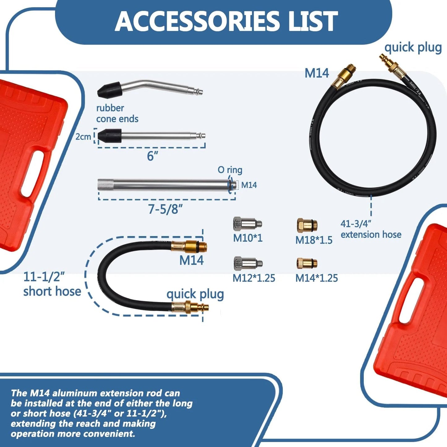 Compression Leakdown Tester Kit With Dual Gauge For Gasoline Engines From Handor accessory list showing hoses, connectors, and a red case.