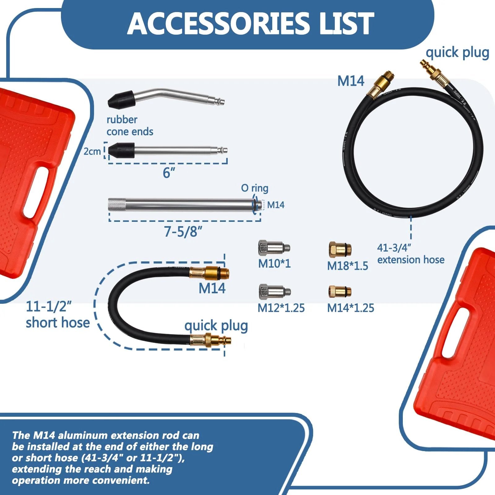 Compression Leakdown Tester Kit With Dual Gauge For Gasoline Engines From Handor accessory list showing hoses, connectors, and a red case.