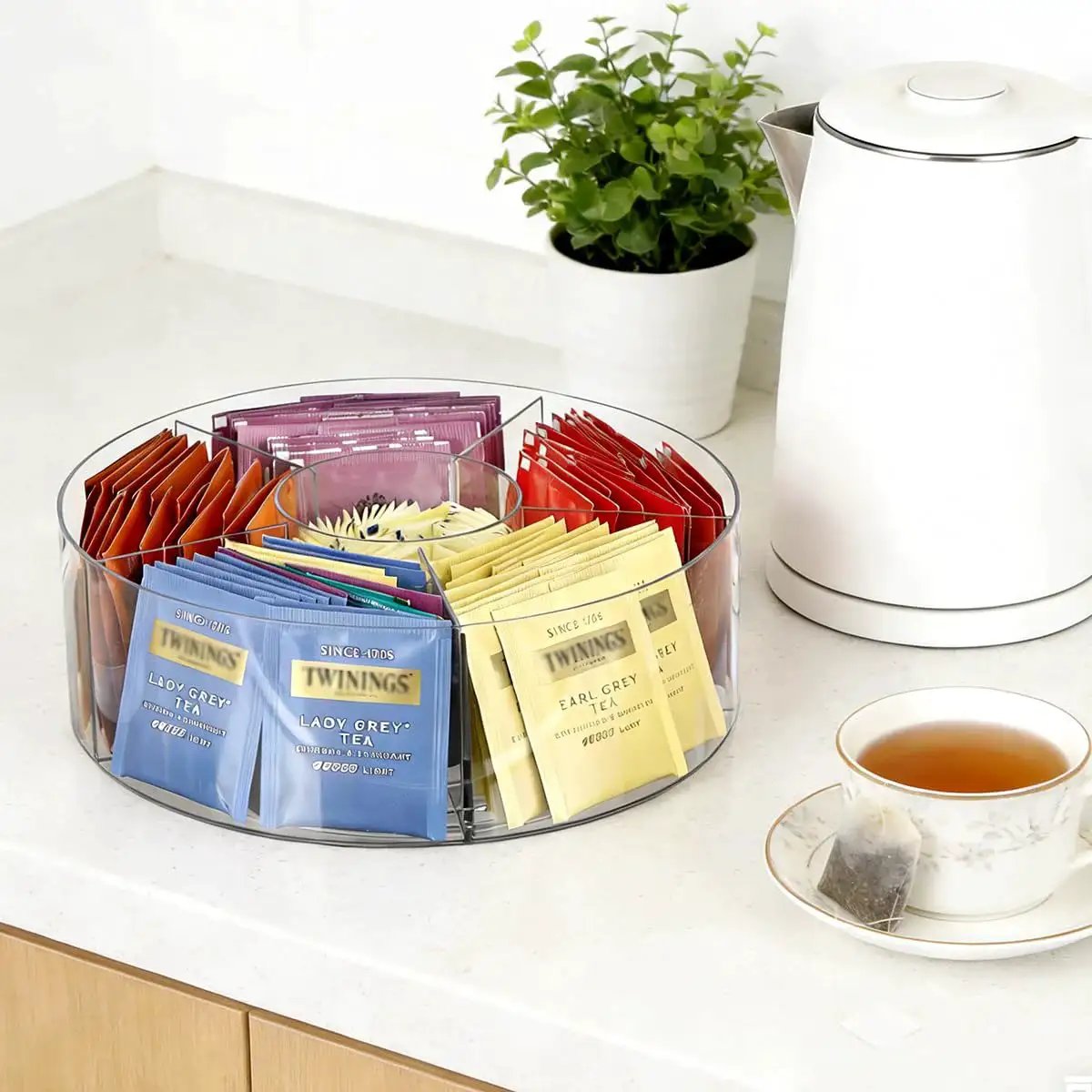 Extra Large Drink Packet Organizer With 360 Degree Rotating Lazy Susan Turntable Acrylic Pantry Organizer on kitchen counter