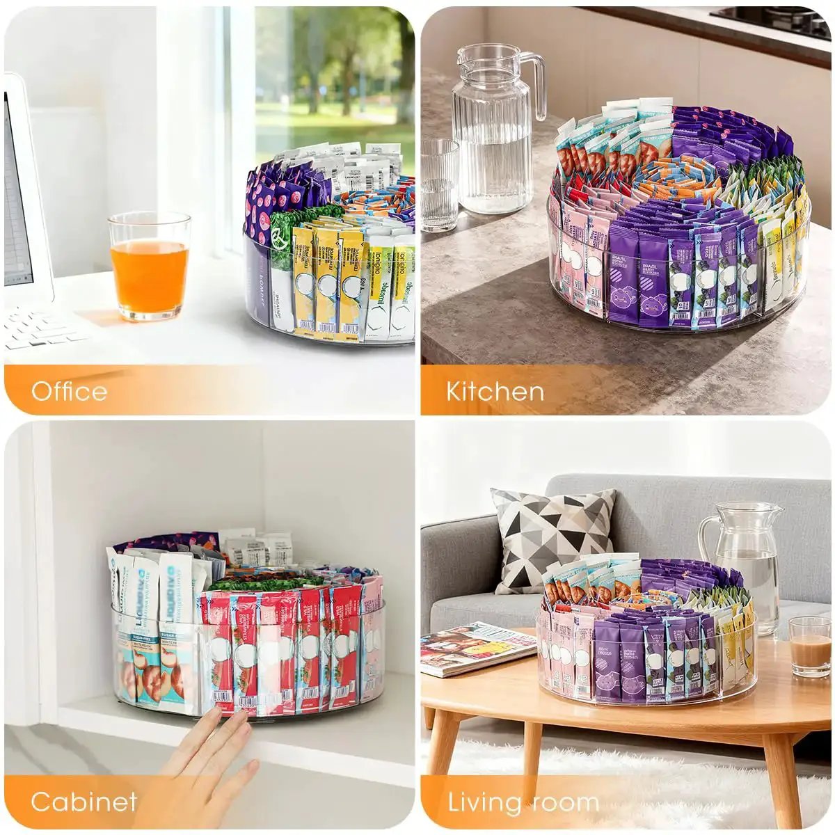 Extra Large Drink Packet Organizer With 360 Degree Rotating Lazy Susan Turntable Acrylic Pantry Organizer for hydration packets in various settings