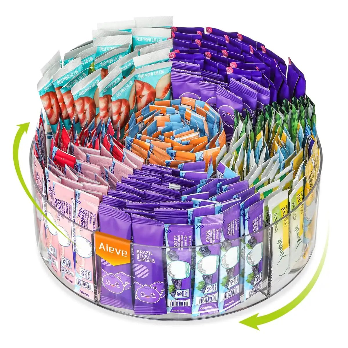 Extra Large Drink Packet Organizer With 360 Degree Rotating Lazy Susan Turntable showcasing colorful hydration packets.