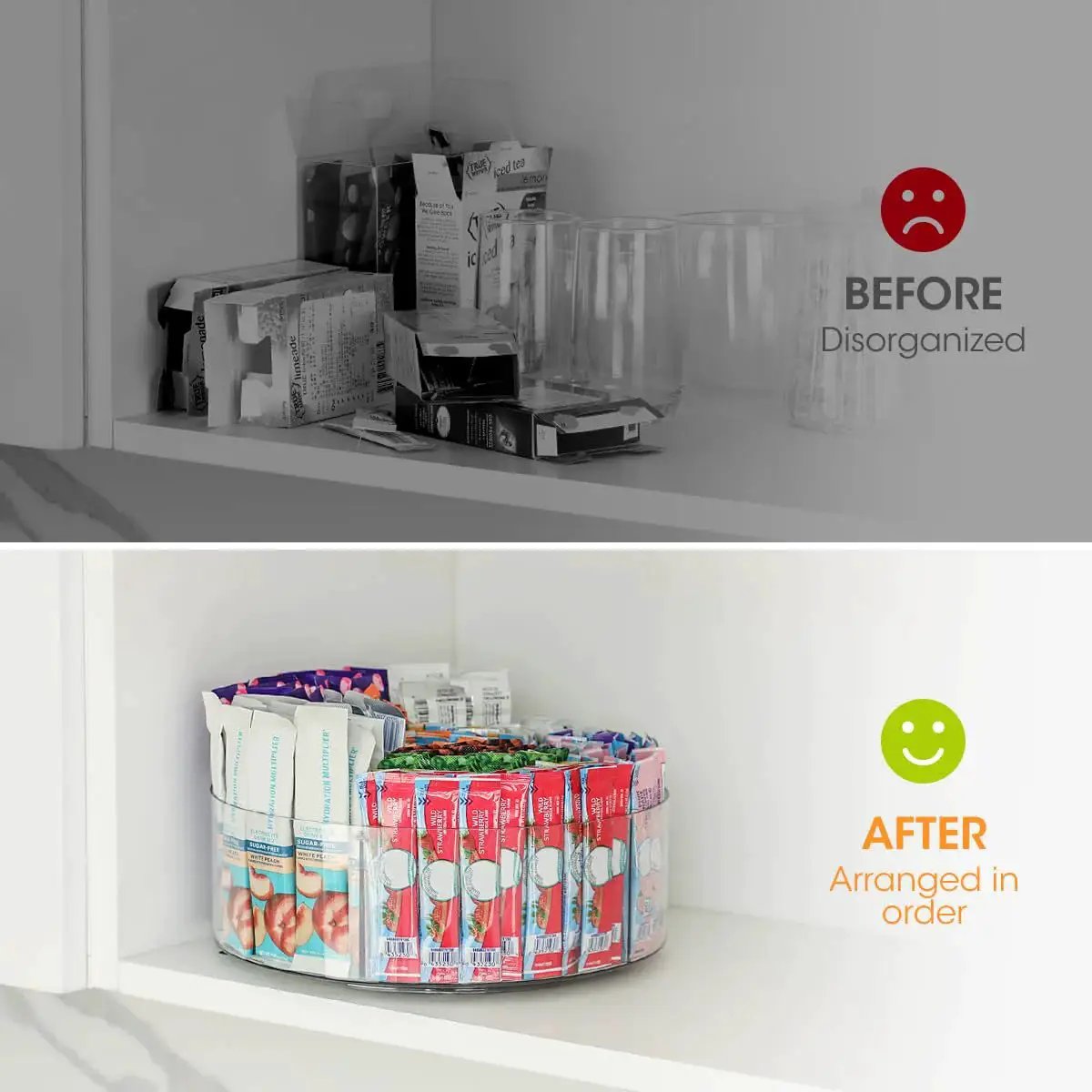 Before and after using Extra Large Drink Packet Organizer With 360 Degree Rotating Lazy Susan Turntable Acrylic Pantry Organizer