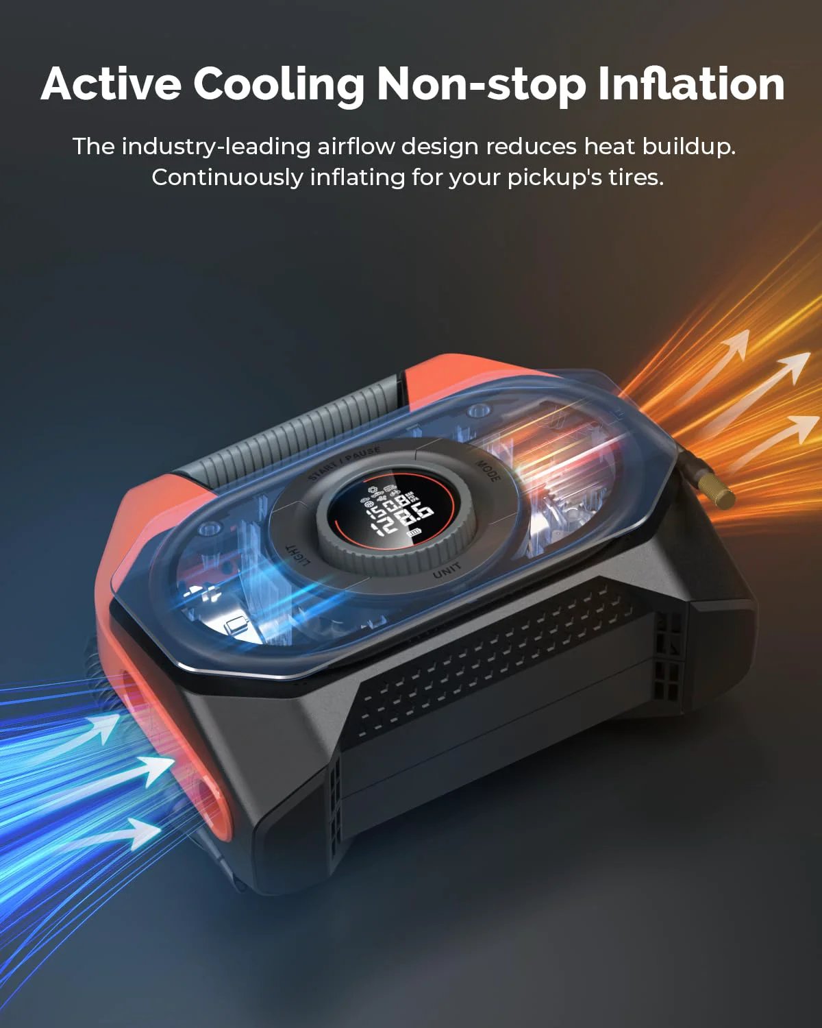 Vortex S6 Cordless Tire Inflator For Heavy Duty Vehicles And Cars With 19200 mAh Battery Dual Cylinder shown from the top with airflow graphics.