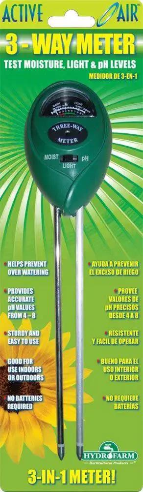 ActiveAir 3 Way pH Light and Moisture Meter in packaging for gardens, sturdy and easy, no battery, pH readings from 4 to 9 by Hydrofarm
