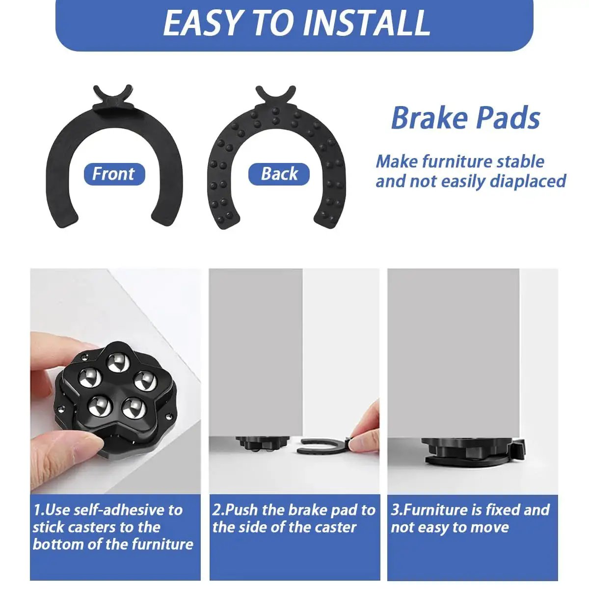 8 Pcs Self Adhesive Caster Wheels Stainless Steel 360 Degree Swivel Low Profile Rollers With Brake Pads installation guide.