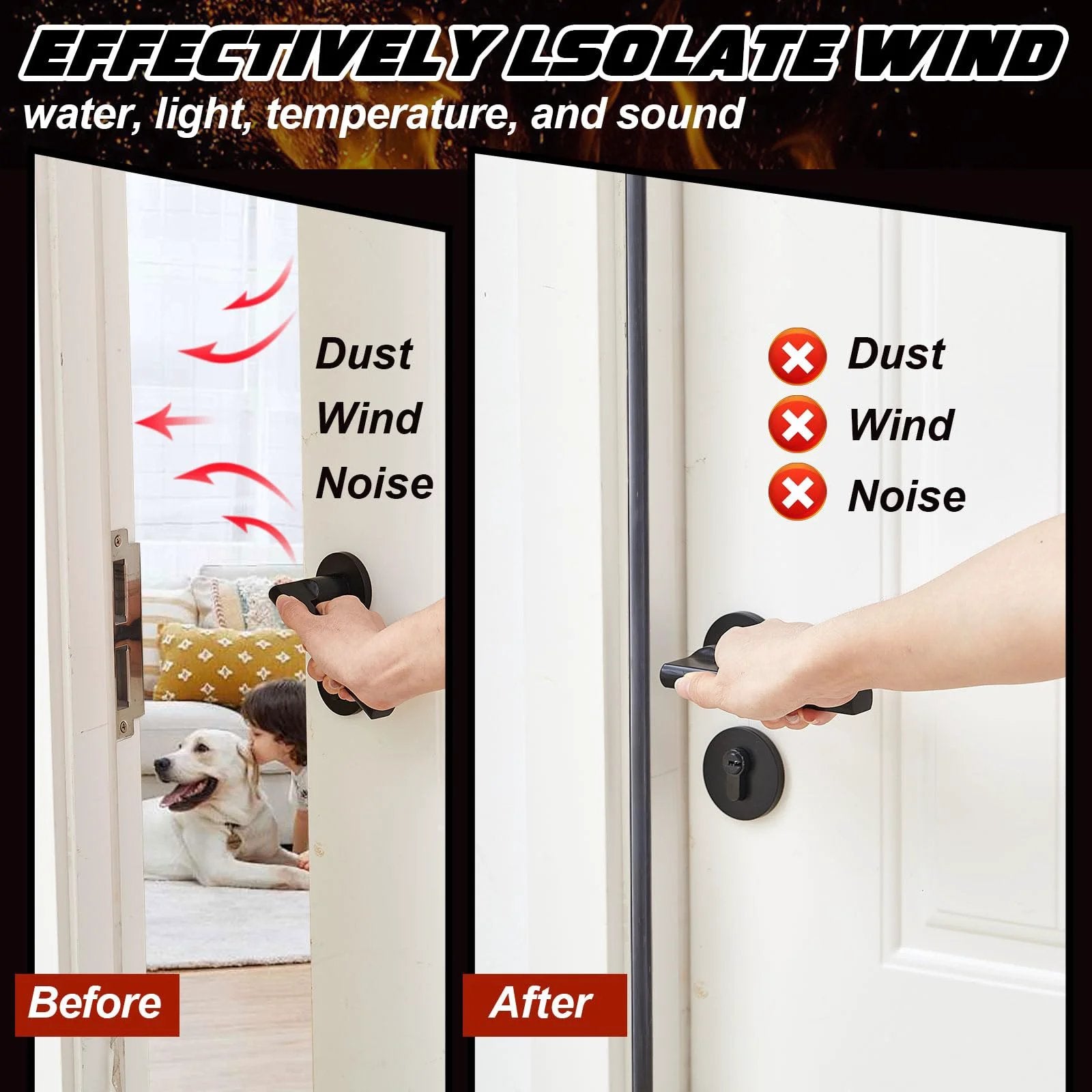 Before and after comparison of door with Adhesive Fire And Smoke Gasket Seal For Doors And Windows One Roll Flexible Silicone Rubber Weather Stripping.
