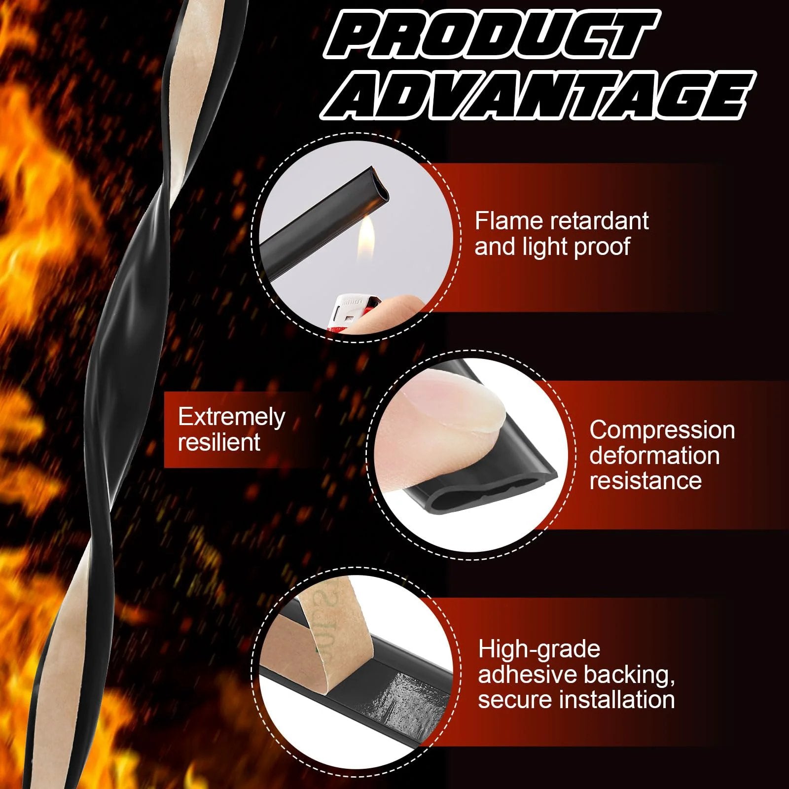 Adhesive Fire And Smoke Gasket Seal For Doors And Windows One Roll Flexible Silicone Rubber Weather Stripping For Indoor Outdoor Use, 0.5 Inch Wide By 0.25 Inch High By 20 Feet Long, Black showing features like flame retardant, resilience and adhesive backing.