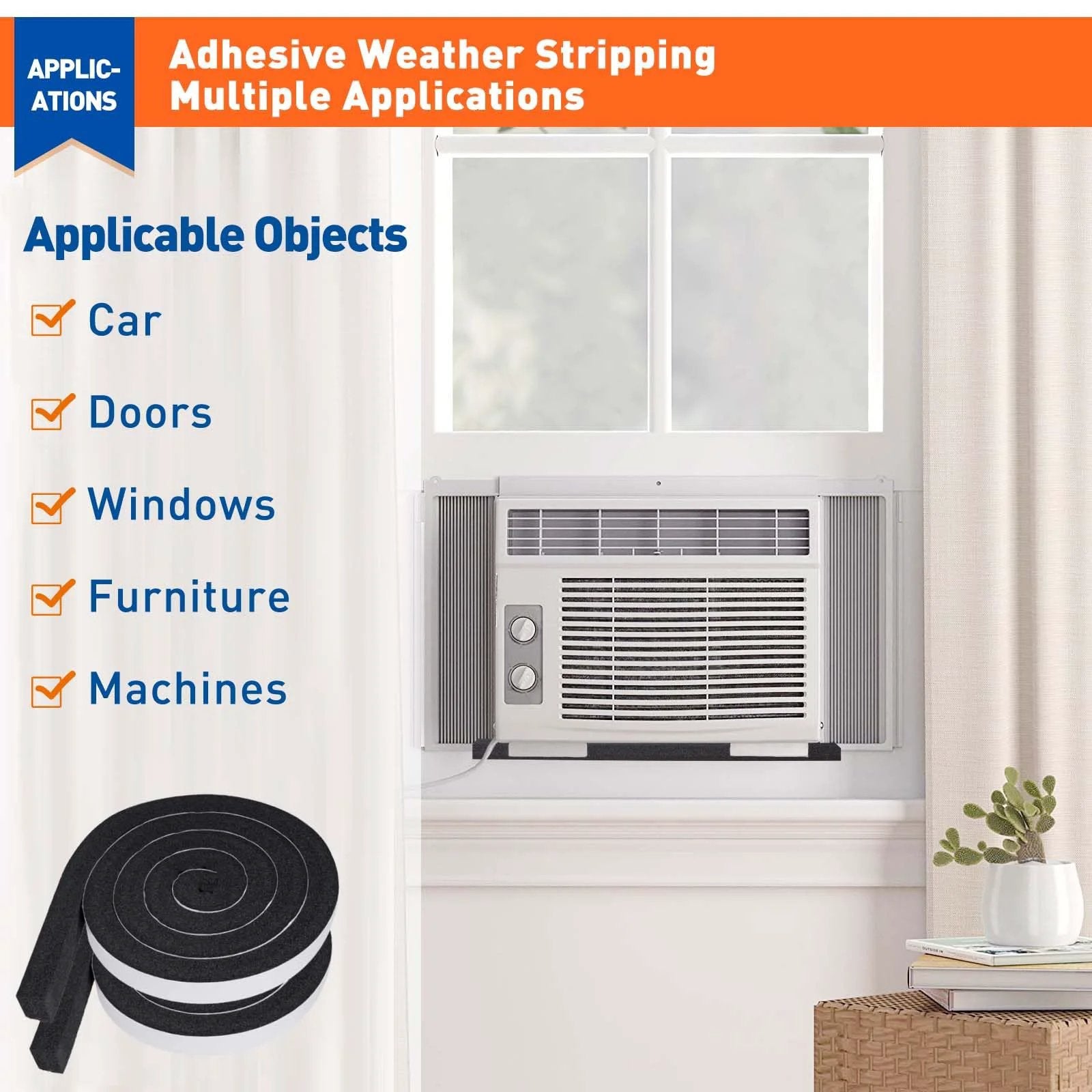 Weather Stripping Door Seal Tape 1 Inch Wide by 1 Inch Thick 13 Feet Total 6.5 Ft Each 2 Rolls Black Foam Insulation Tape With Strong Adhesive Cuts to Fit for Windows and Air Conditioners Keeps Drafts Out and Comfort In displayed with air conditioner in window.