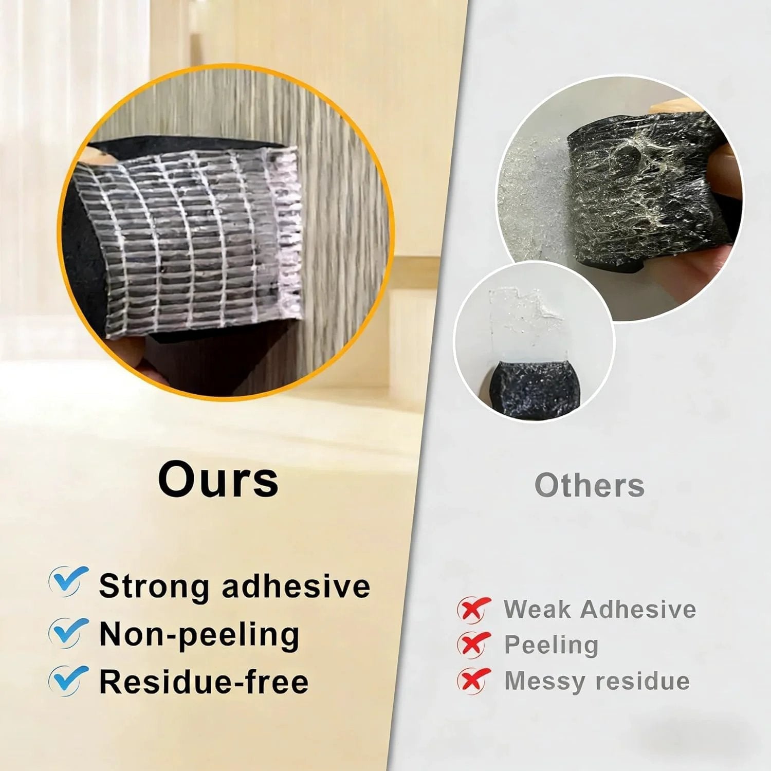 Comparison of Heavy Duty Weather Stripping Door Seal Tape showing strong adhesive side by side with competitor's peeling tape.