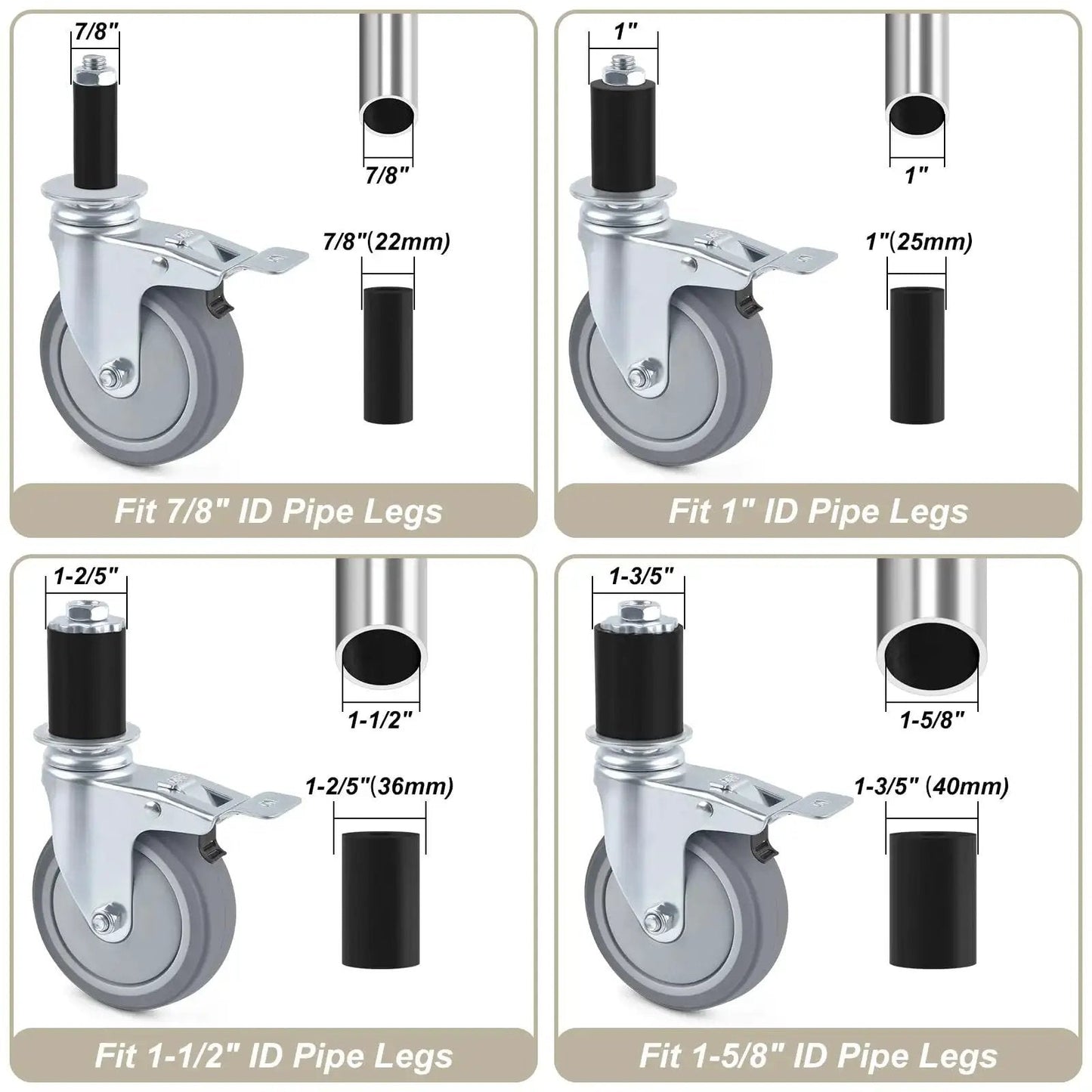 Four Inch Universal Adjustable Caster Wheels Set With Brakes For Tube Legs From 7/8 Inch To 1-5/8 Inch Fits Stainless Steel Tables Carts