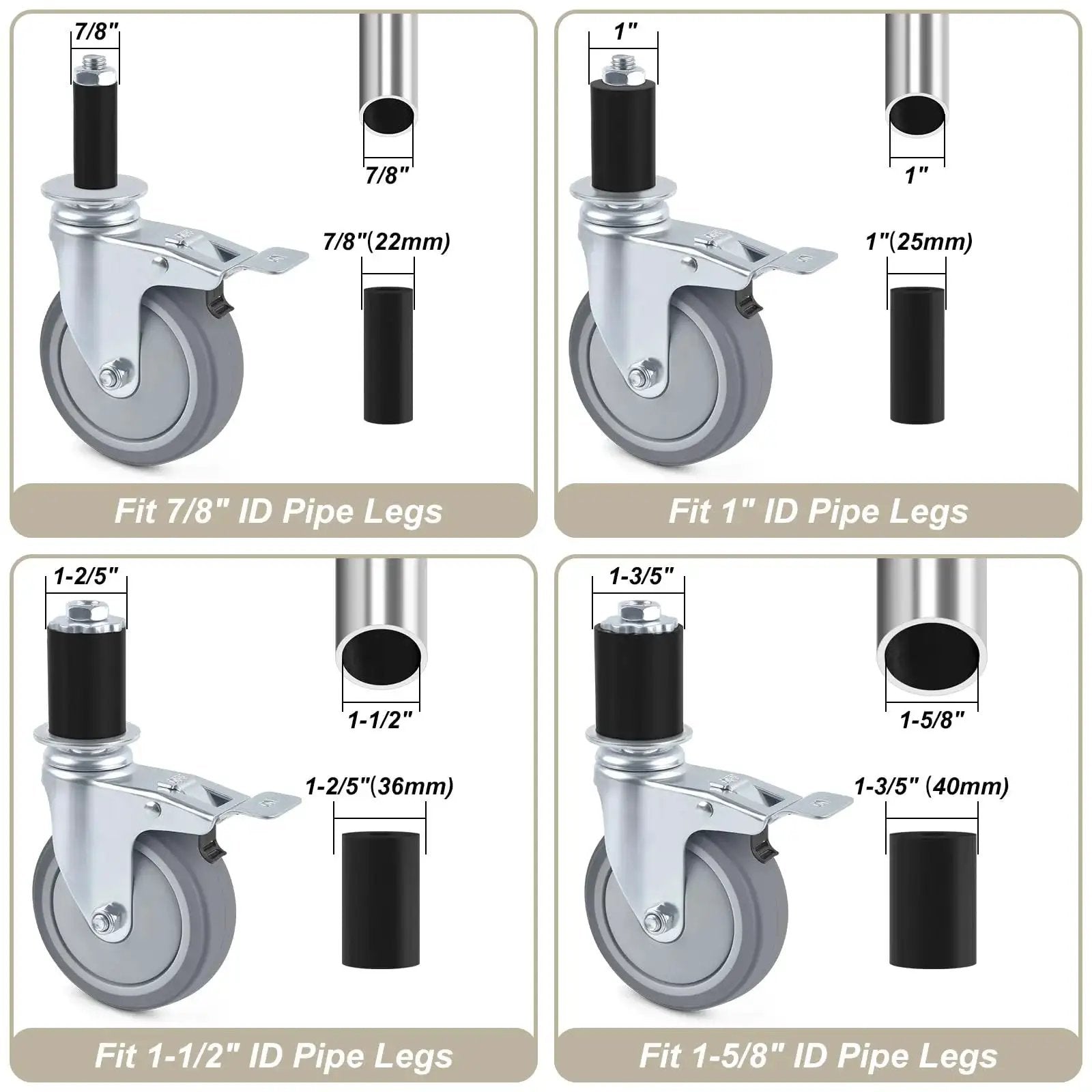 Four Inch Universal Adjustable Caster Wheels Set With Brakes For Tube Legs From 7/8 Inch To 1-5/8 Inch Fits Stainless Steel Tables Carts