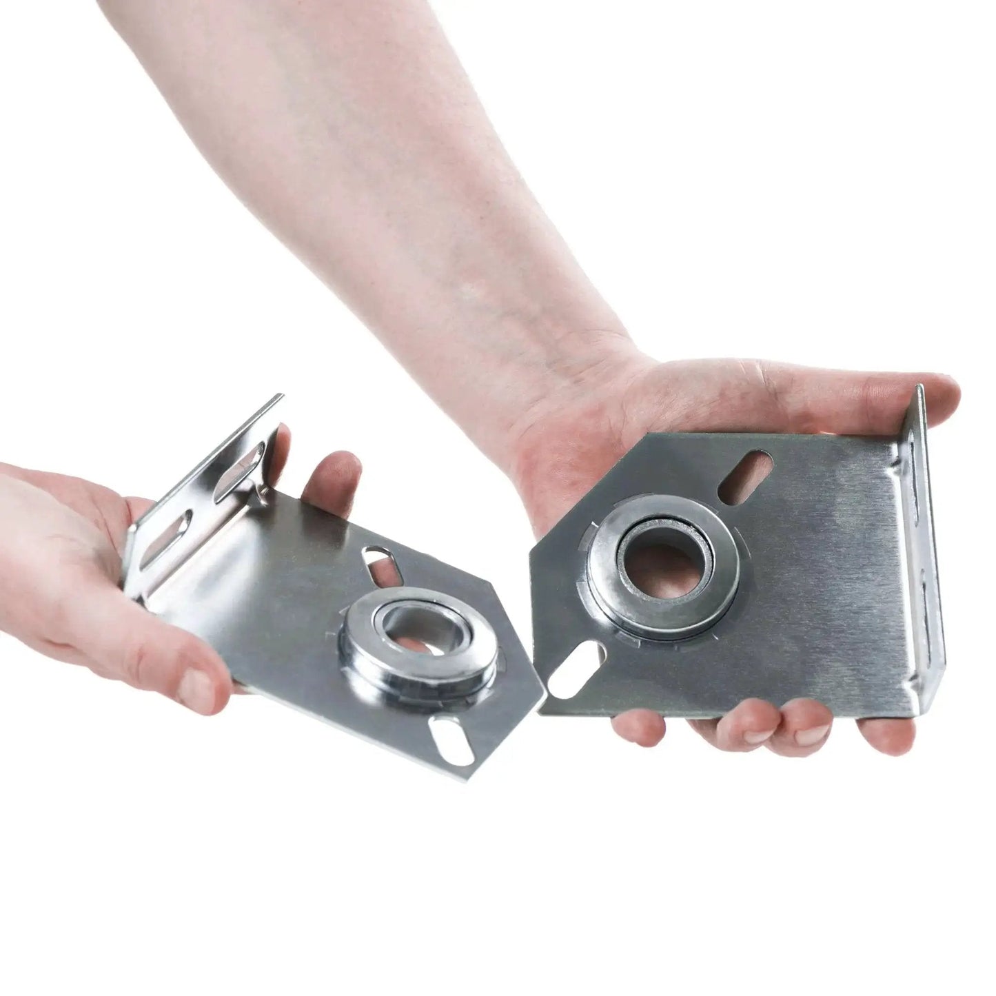 Hands holding Spring Center Bearing Bracket For Torsion Doors 3 3/8 Inch, galvanized steel, garage door parts