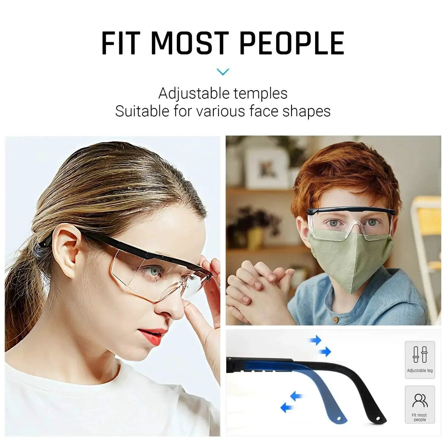 HD Anti Fog Safety Glasses Over Eyeglasses With Adjustable Frame With People Wearing Protective Eyewear