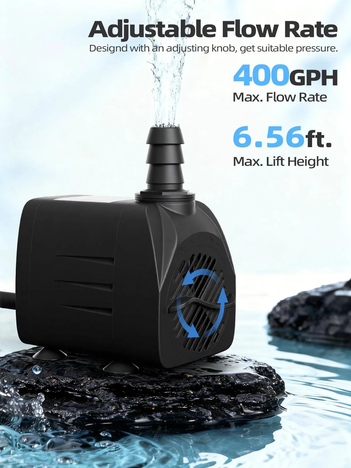 Ultra Quiet 400 GPH Submersible Water Pump For Ponds, Fountains, Fish Tanks And Hydroponics, 1500 LPH, 25W, side view with adjustable nozzle.