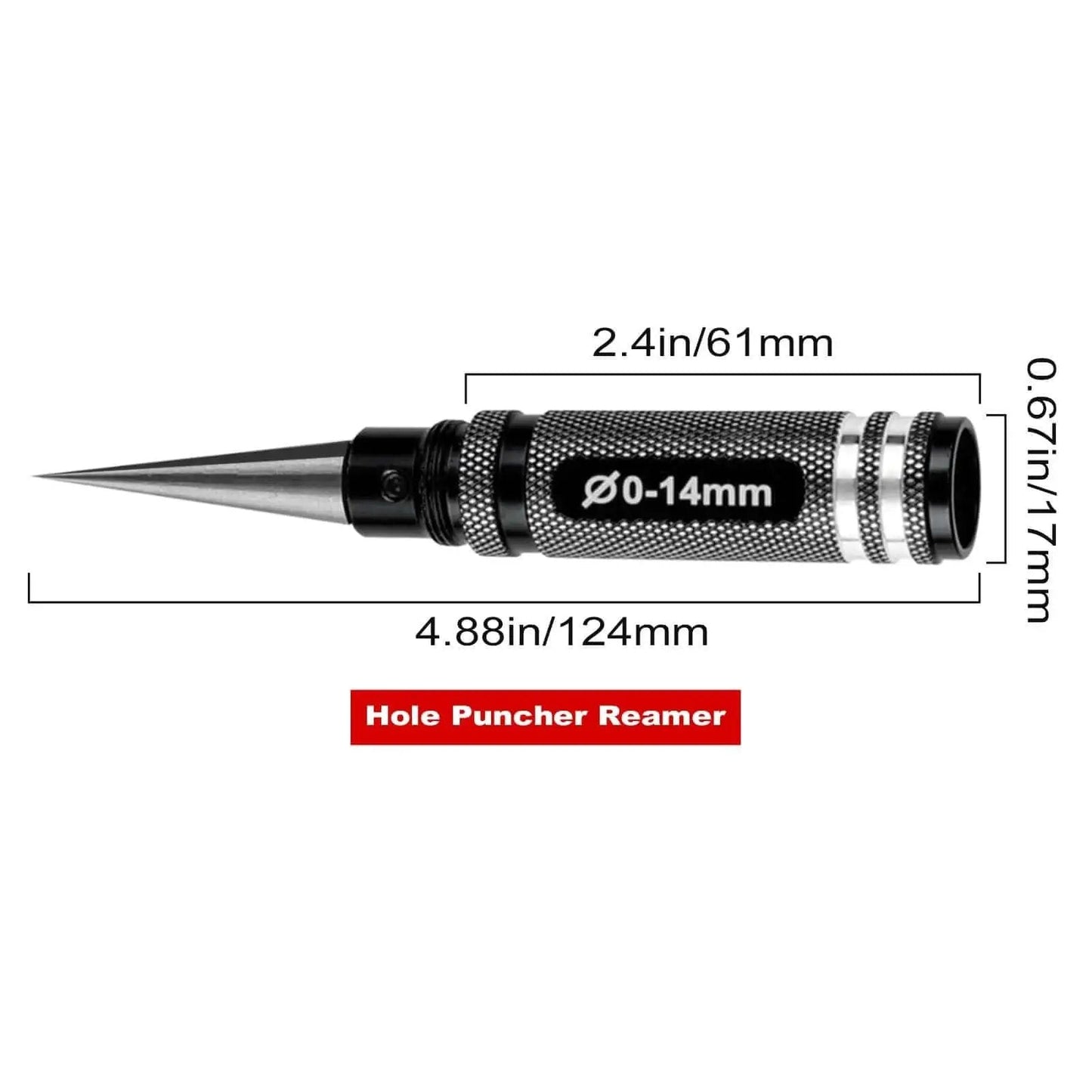 Adjustable 0 To 14mm Hole Puncher Reamer For RC Car Body Shells And Aircraft Models, stainless steel, black tool with measurements