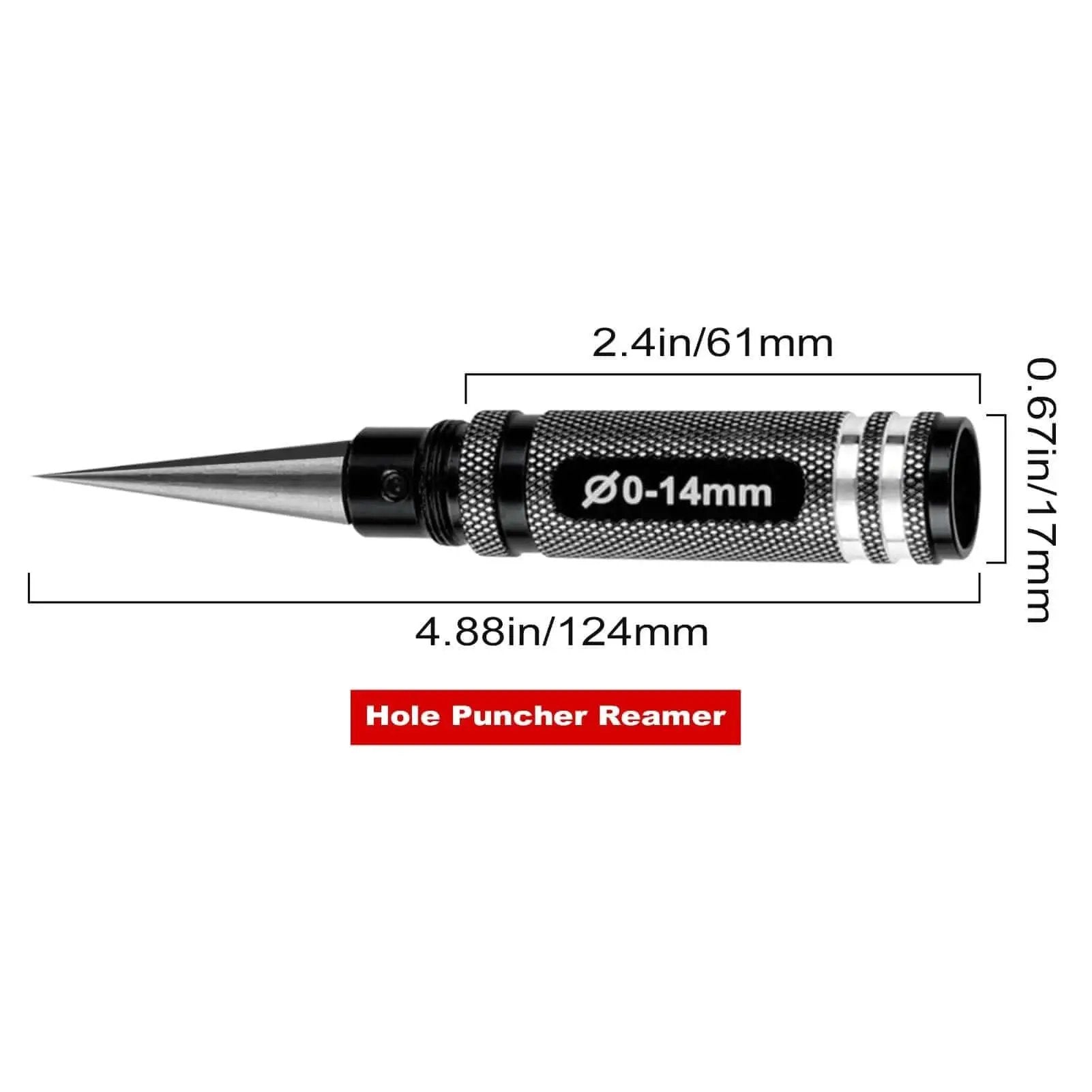 Adjustable 0 To 14mm Hole Puncher Reamer For RC Car Body Shells And Aircraft Models, stainless steel, black tool with measurements