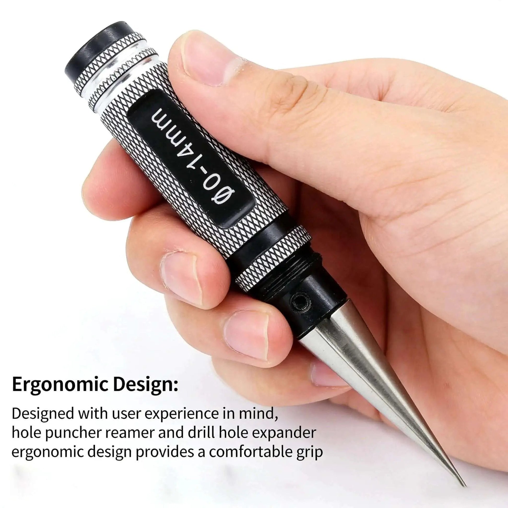 Close-up of Adjustable 0-14mm Manual Hole Punch Tool For Woodworking And Metalworking, ergonomic grip, alloy steel.