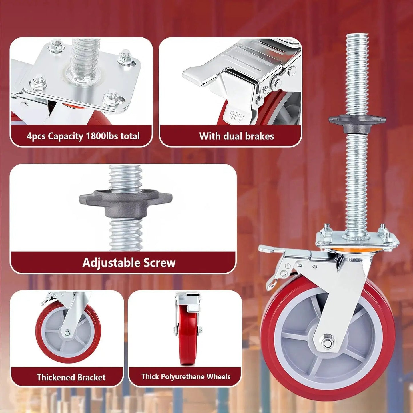 Four Pack 8 Inch Adjustable Leveling Scaffolding Wheels Scaffolding Caster Wheels With Brakes Swivel Locking Casters One And One Fifth Inch Outer Diameter Heavy Duty Steel Frame For Construction Sites Delivers Stable Maneuverability On Uneven Surfaces