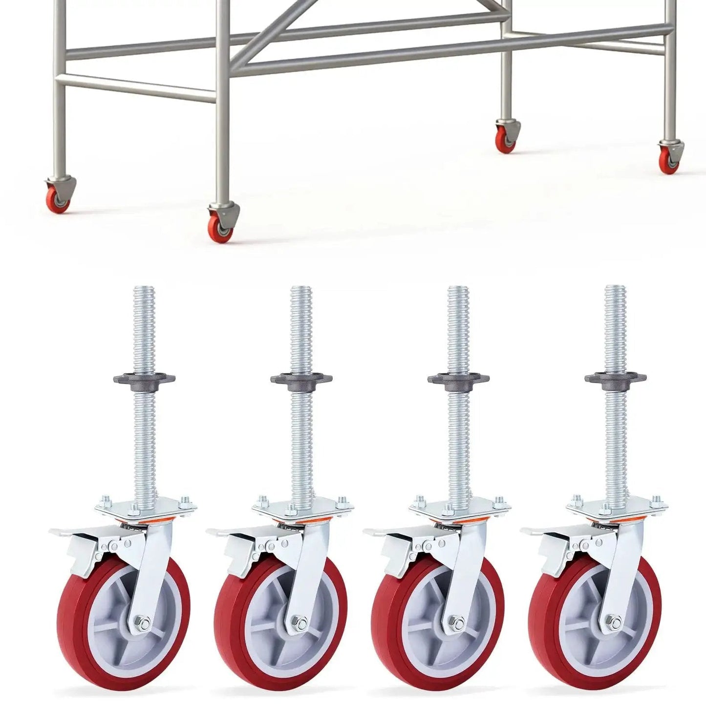 Four Pack 8 Inch Adjustable Leveling Scaffolding Wheels Scaffolding Caster Wheels With Brakes Swivel Locking Casters One And One Fifth Inch Outer Diameter Heavy Duty Steel Frame For Construction Sites Delivers Stable Maneuverability On Uneven Surfaces with red and gray wheels shown under a metal scaffold.