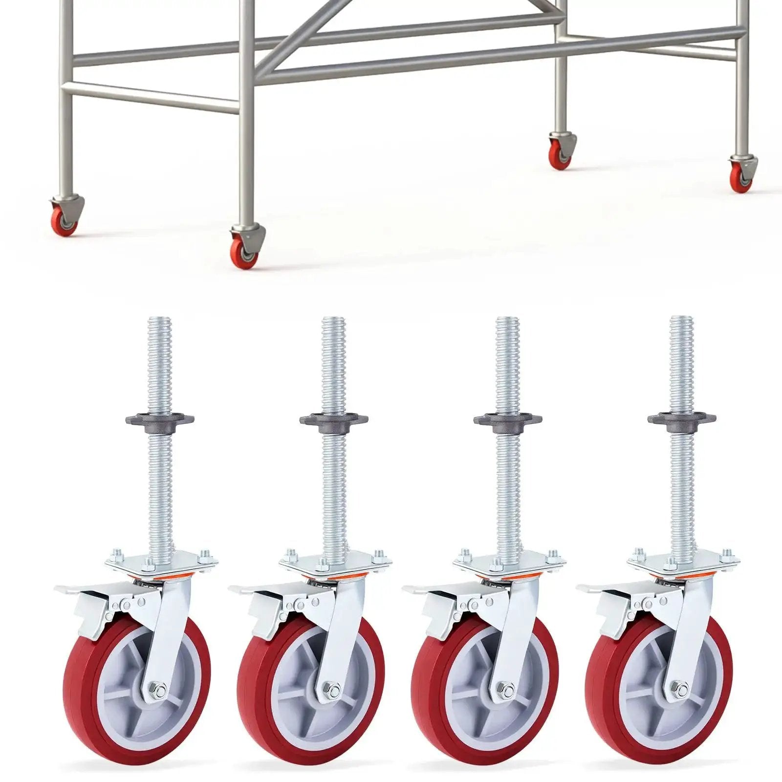 Four Pack 8 Inch Adjustable Leveling Scaffolding Wheels Scaffolding Caster Wheels With Brakes Swivel Locking Casters One And One Fifth Inch Outer Diameter Heavy Duty Steel Frame For Construction Sites Delivers Stable Maneuverability On Uneven Surfaces with red and gray wheels shown under a metal scaffold.