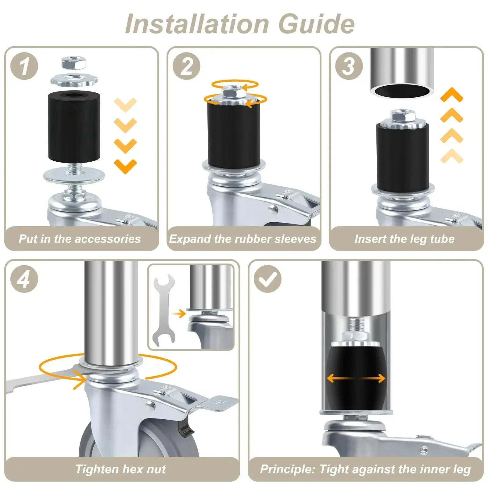 Installation guide for Four Inch Universal Adjustable Caster Wheels Set With Brakes For Tube Legs From 7/8 Inch To 1-5/8 Inch