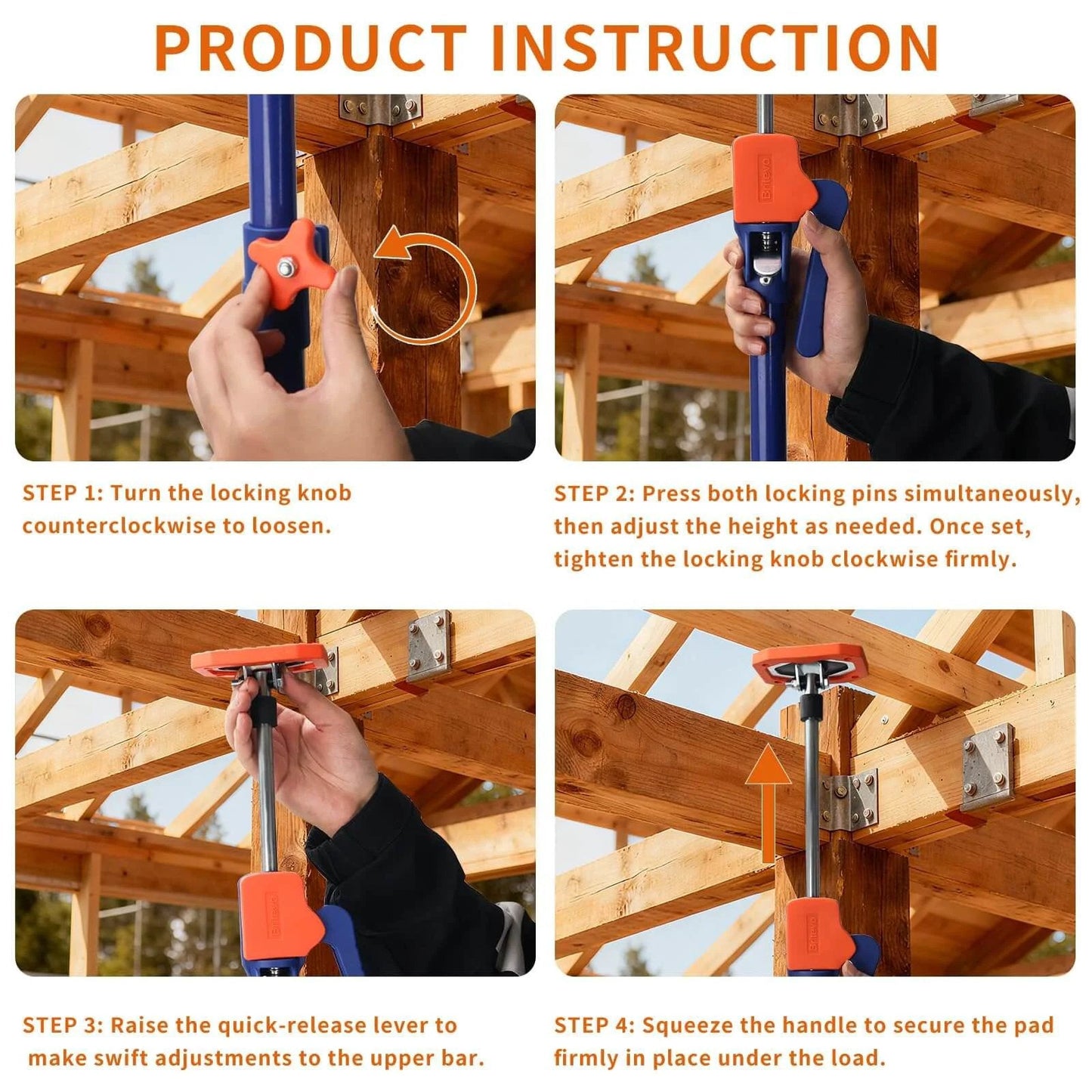 Product instructions showing the use of ✝️ 2PK Adjustable Telescopic Support Pole, 54-115 inch Cabinet Jack, Heavy Duty 3rd Hand Support System.