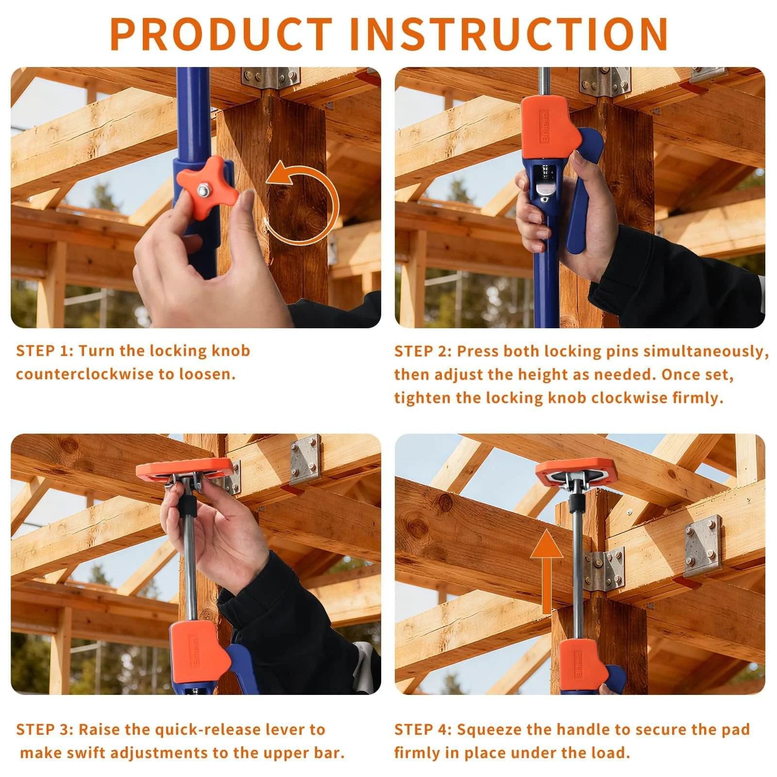 Product instructions showing the use of ✝️ 2PK Adjustable Telescopic Support Pole, 54-115 inch Cabinet Jack, Heavy Duty 3rd Hand Support System.