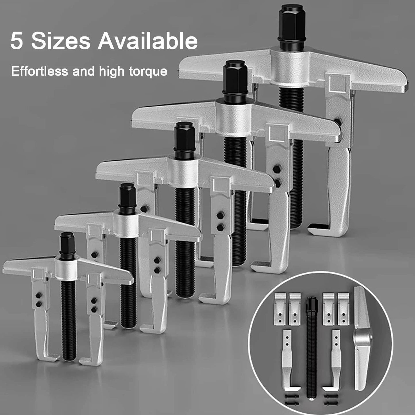 Set of Heavy-Duty Bearing Puller Set, Two Jaw Adjustable Pulley Puller Tool for Mechanics, 5 sizes for auto repair, chrome-vanadium steel