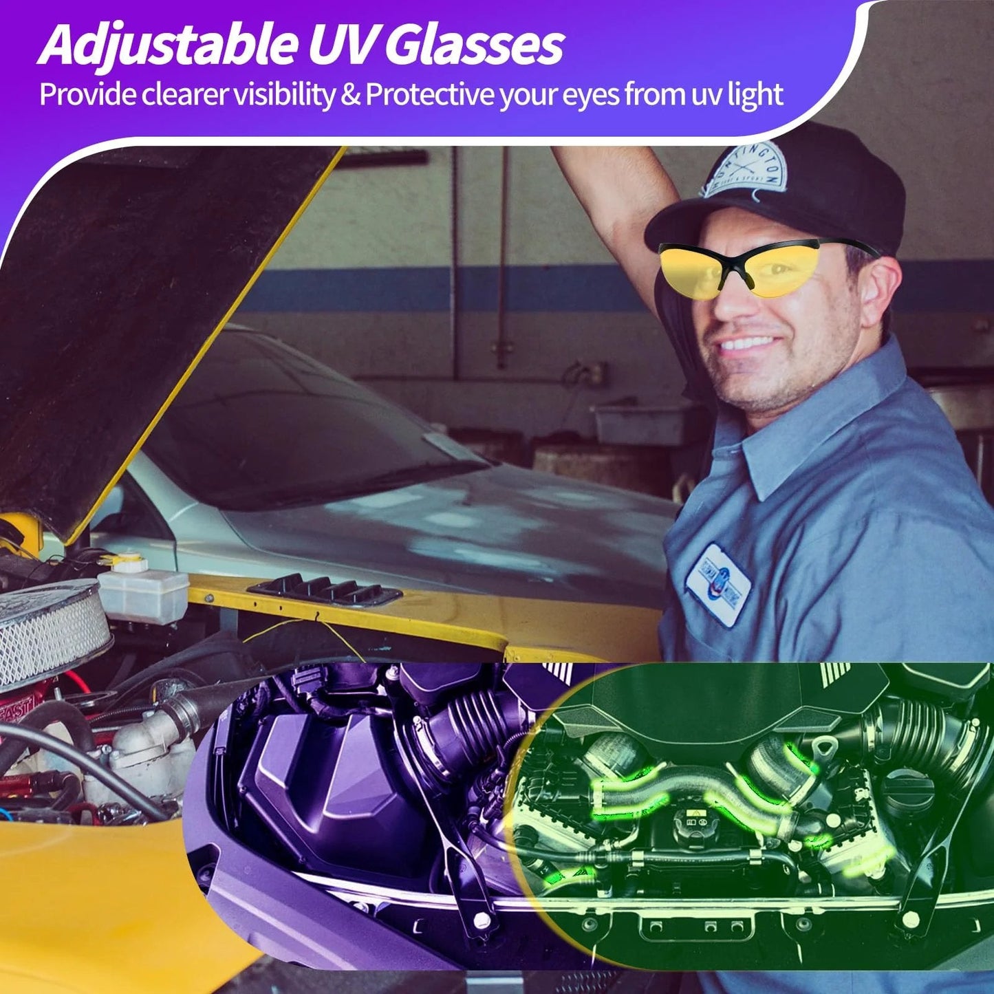 Pro Grade AC UV Dye Leak Detector Kit With 68 LED UV Flashlight And Protective Glasses, High Accuracy Auto AC Leak Test Tool for viewing engine leaks.