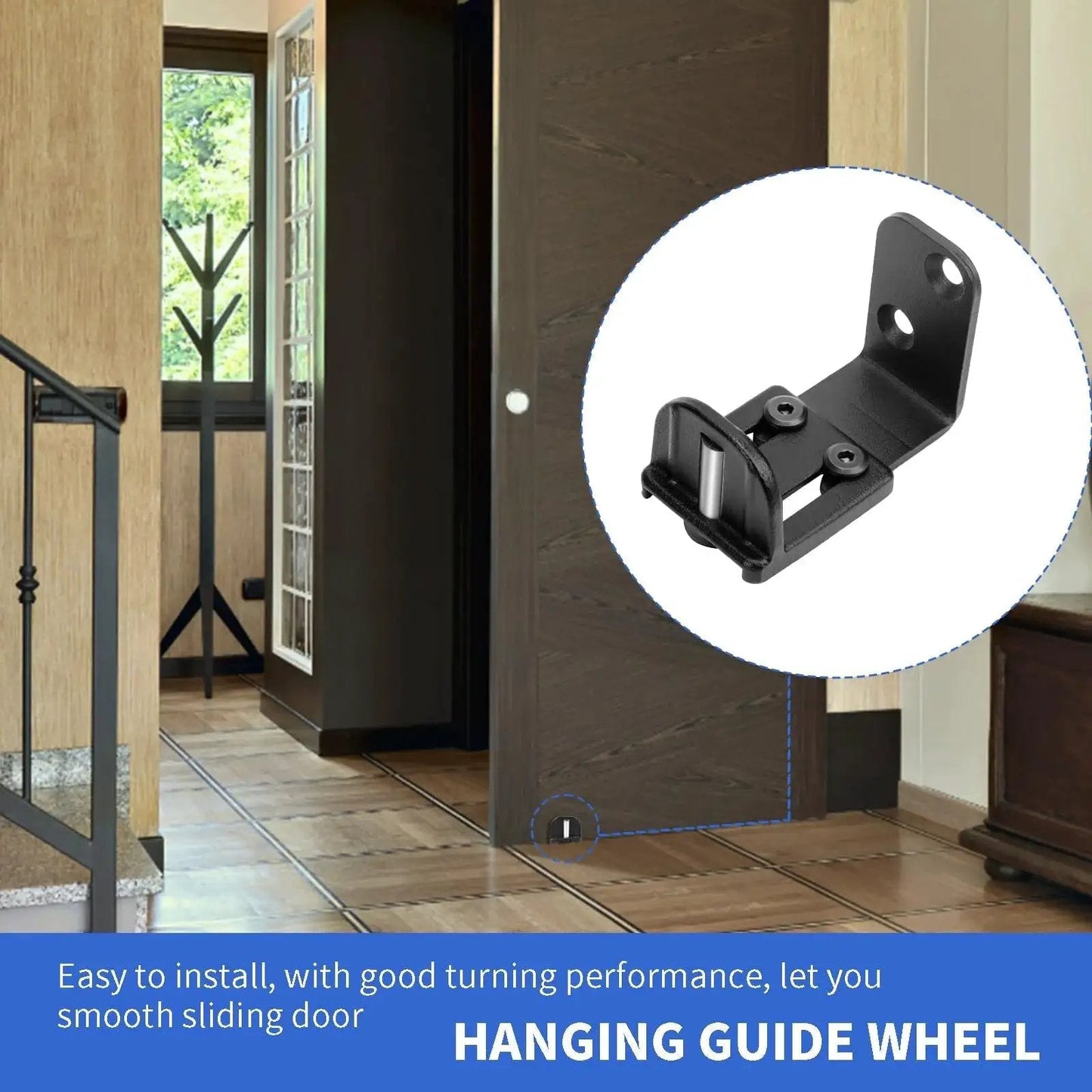 Two Pack Adjustable Barn Door Floor Guide With Bearing Design Black in use on sliding door for smooth operation