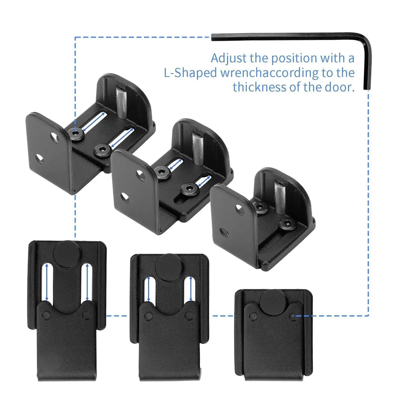Two Pack Adjustable Barn Door Floor Guide With Bearing Design Black 360 Degree Rotating Wheels Reduce Friction And Noise Scratch Free Glide Wall Mount Compatible For All Applications Heavy Duty Steel Frame Sliding Door Hardware, showing components and wrench.