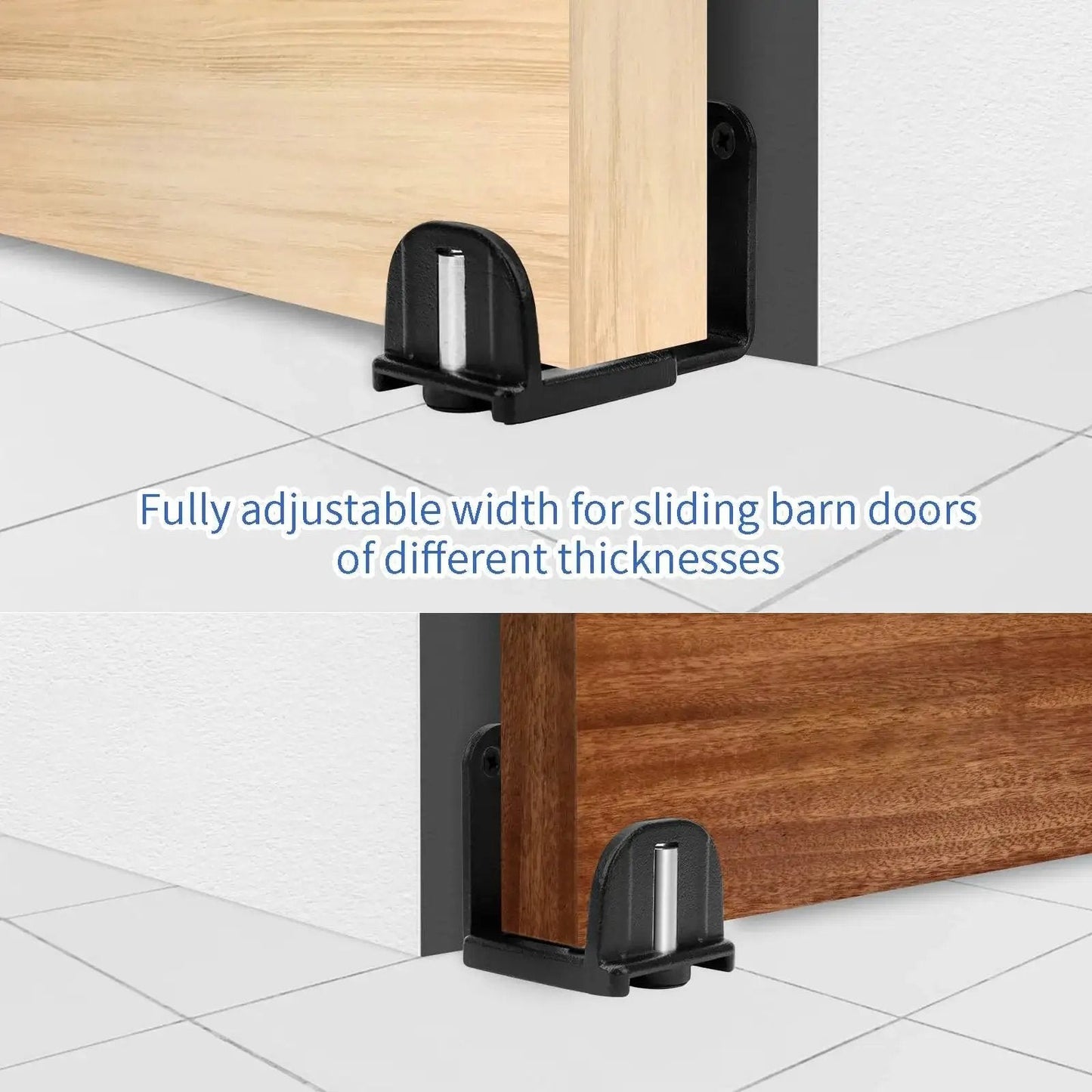 Two Pack Adjustable Barn Door Floor Guide With Bearing Design Black showing installation with different door thicknesses