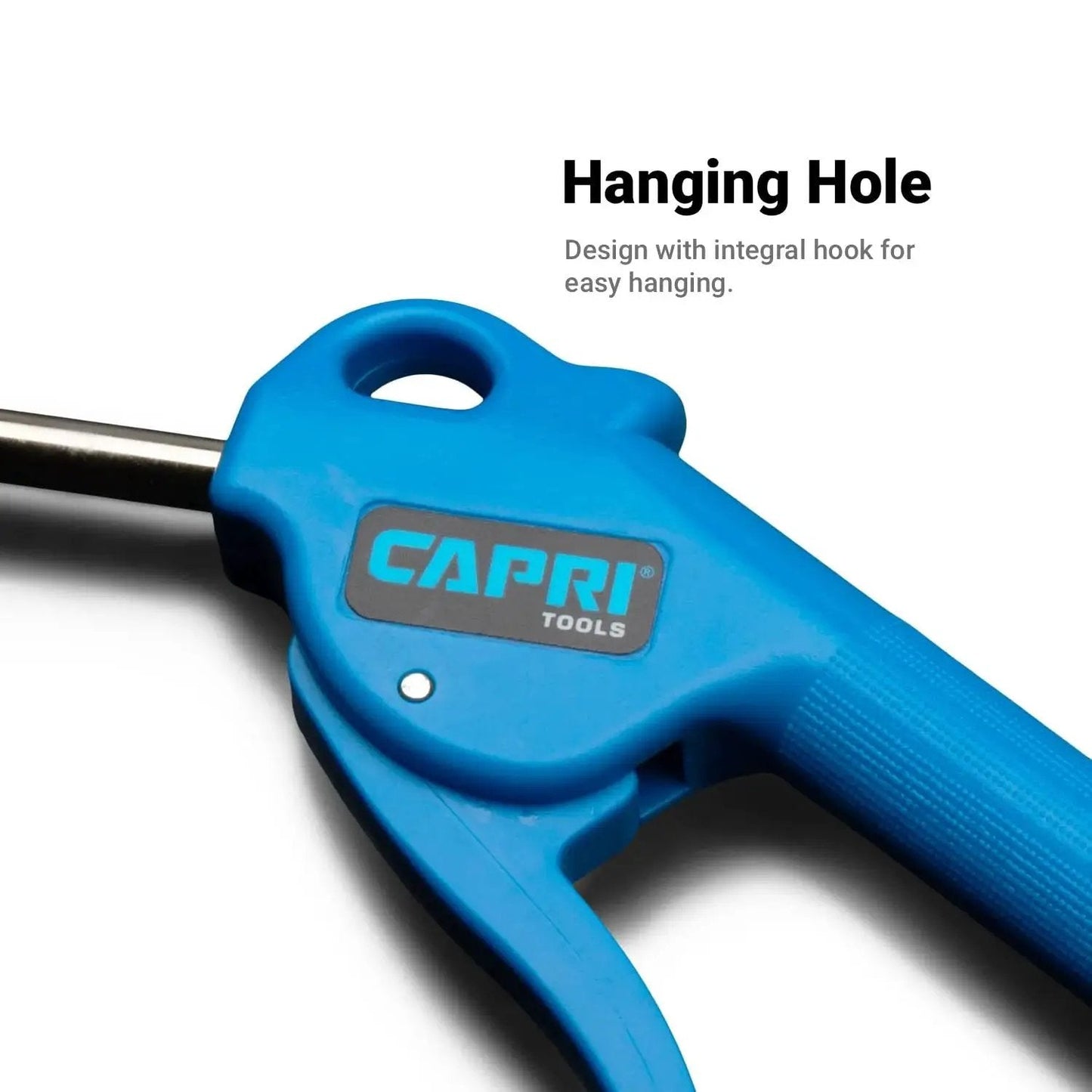Close-up of blue air blow gun kit with ergonomic grip, featuring integral hanging hole for easy storage.