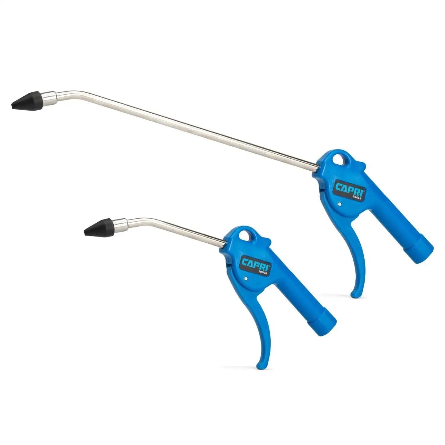 Dual blue air blow gun kit with 5-inch and 12-inch guns, rubber tips, ergonomic grip, and easy use lever.
