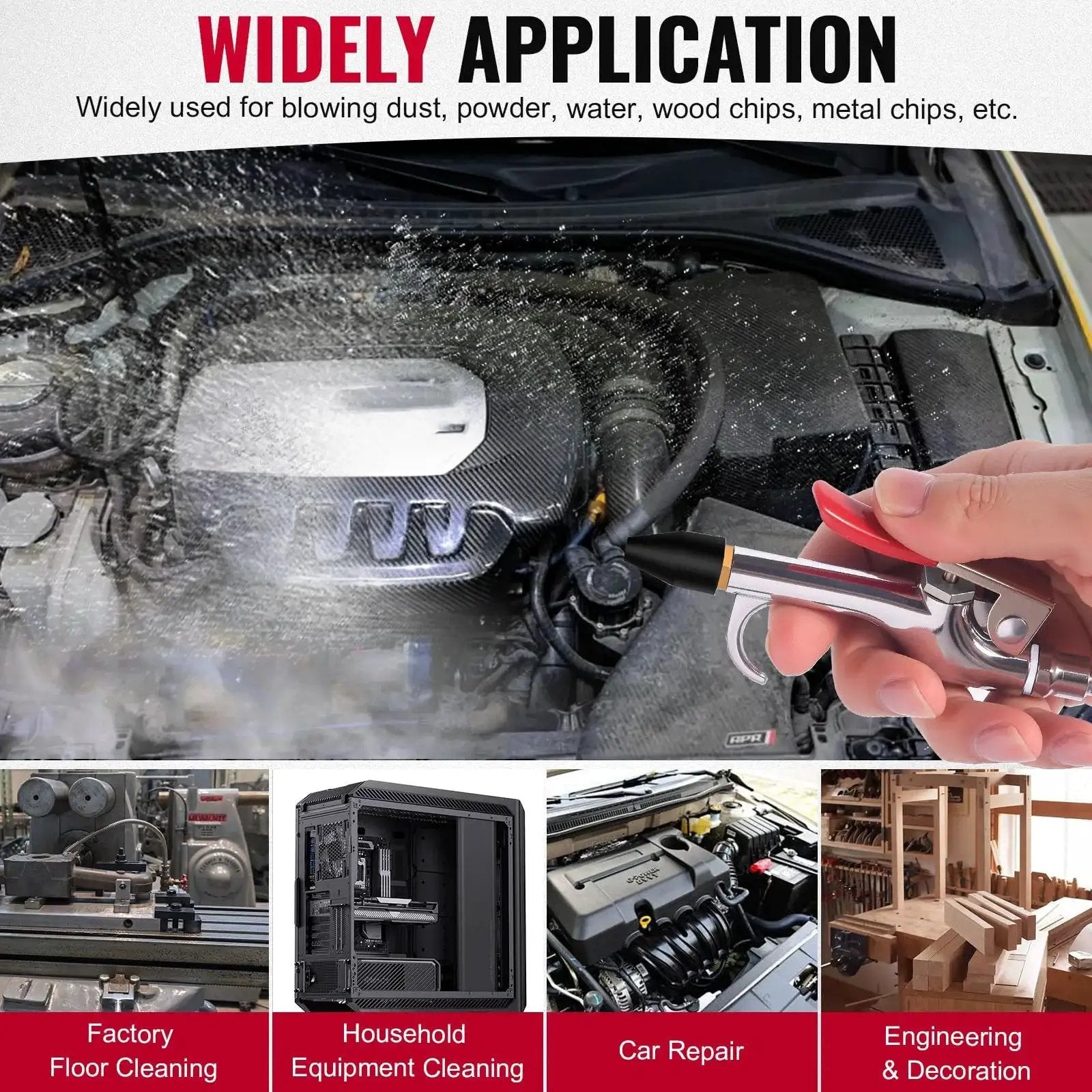 Powerful all metal air blow gun kit with 1/4 inch quick-connect used on car engine for debris removal