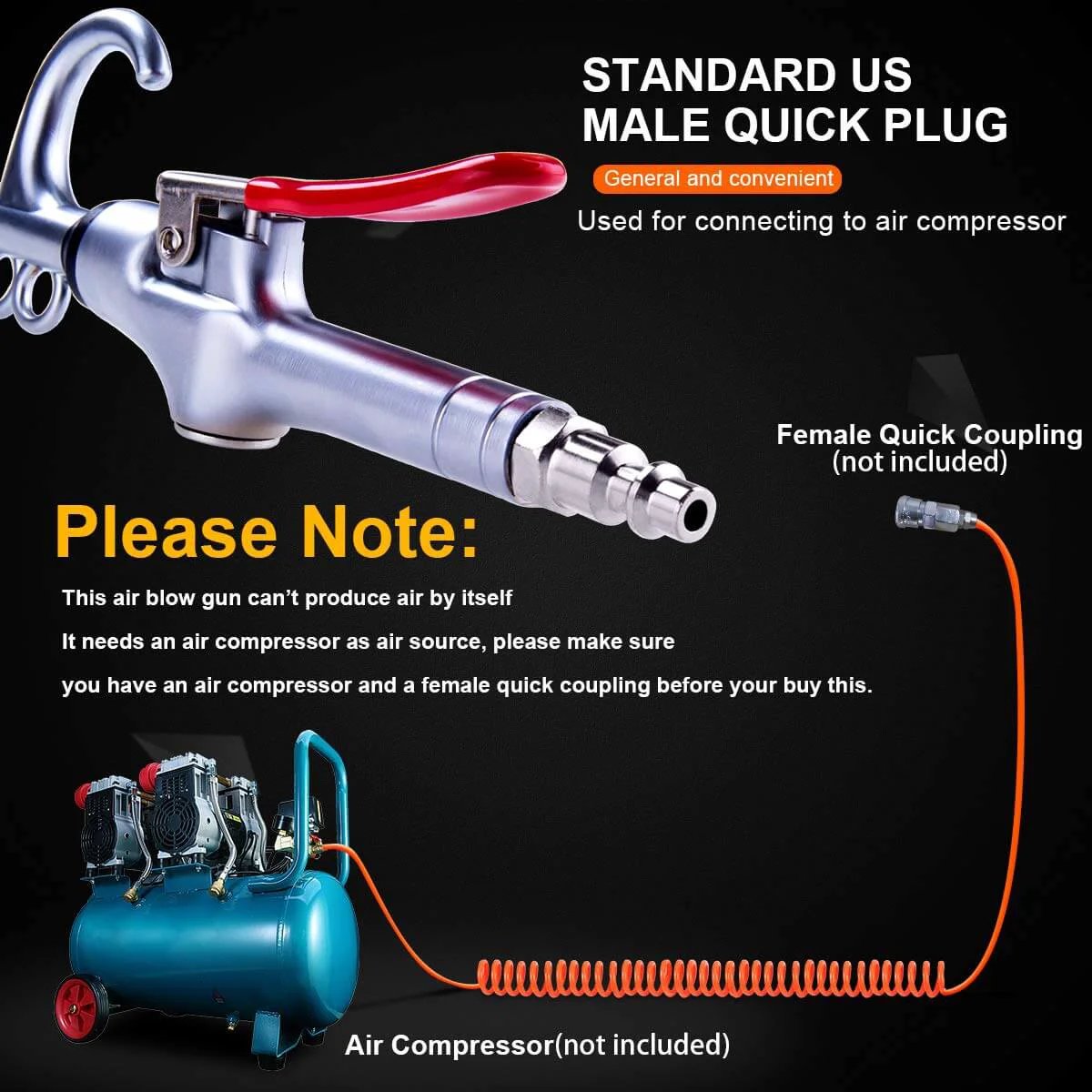 High Volume Air Blow Gun Aluminum Rubber Guard Air Flow Nozzle with quick plug and orange airline for compressor setup