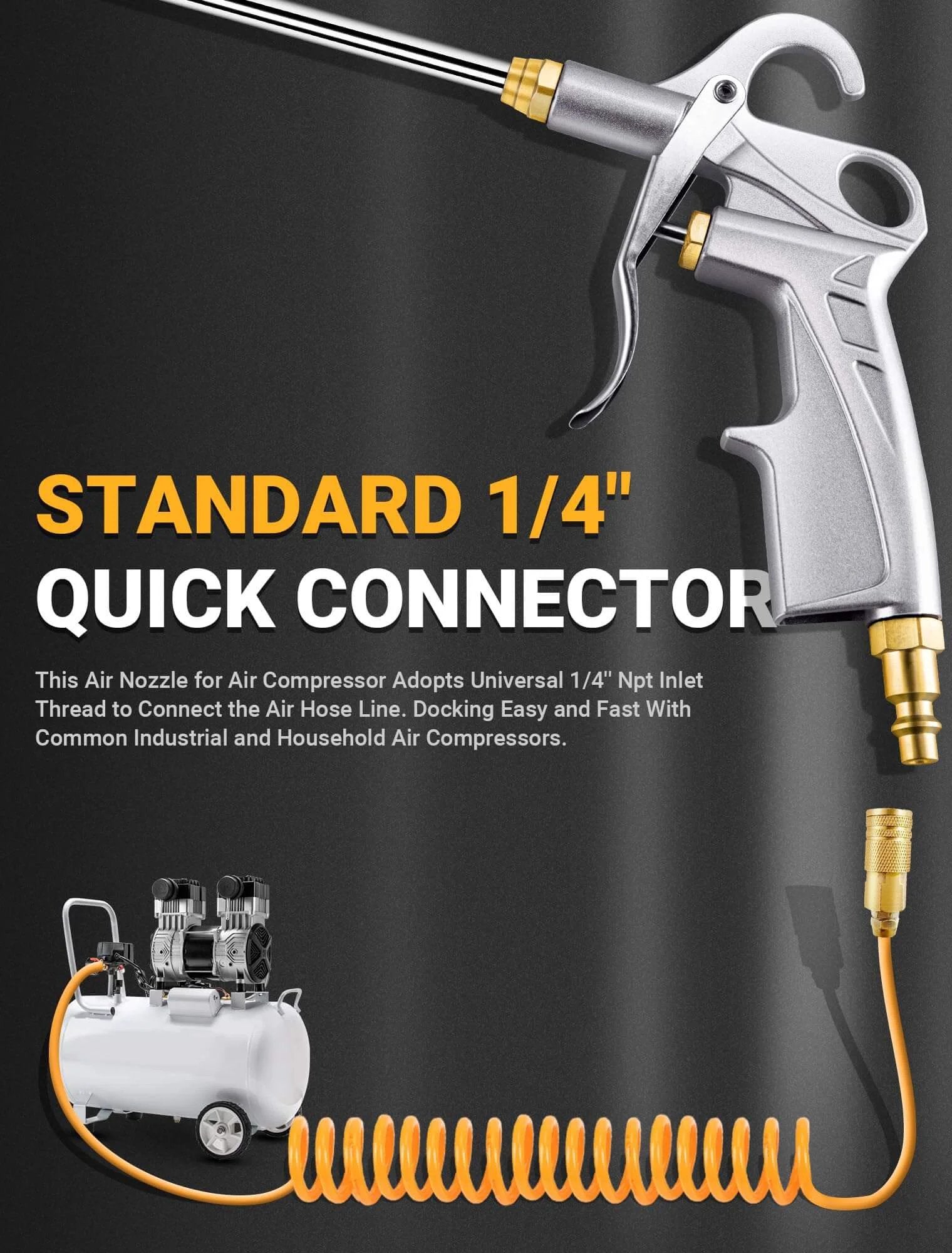Heavy Duty Air Blow Gun Air Nozzle Blow Gun with Bigger Pipe & Extended Nozzle for Compressor, shown with air compressor