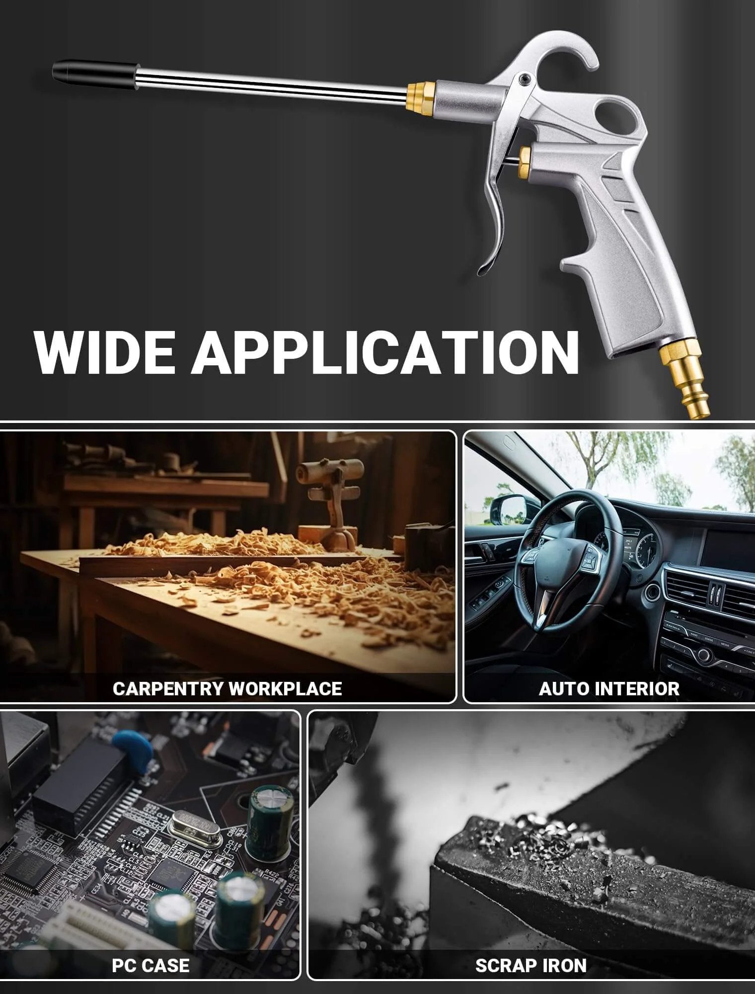 Heavy Duty Air Blow Gun Air Nozzle Blow Gun showing multi-use from carpentry to car detailing, designed with metal body and extended nozzle.