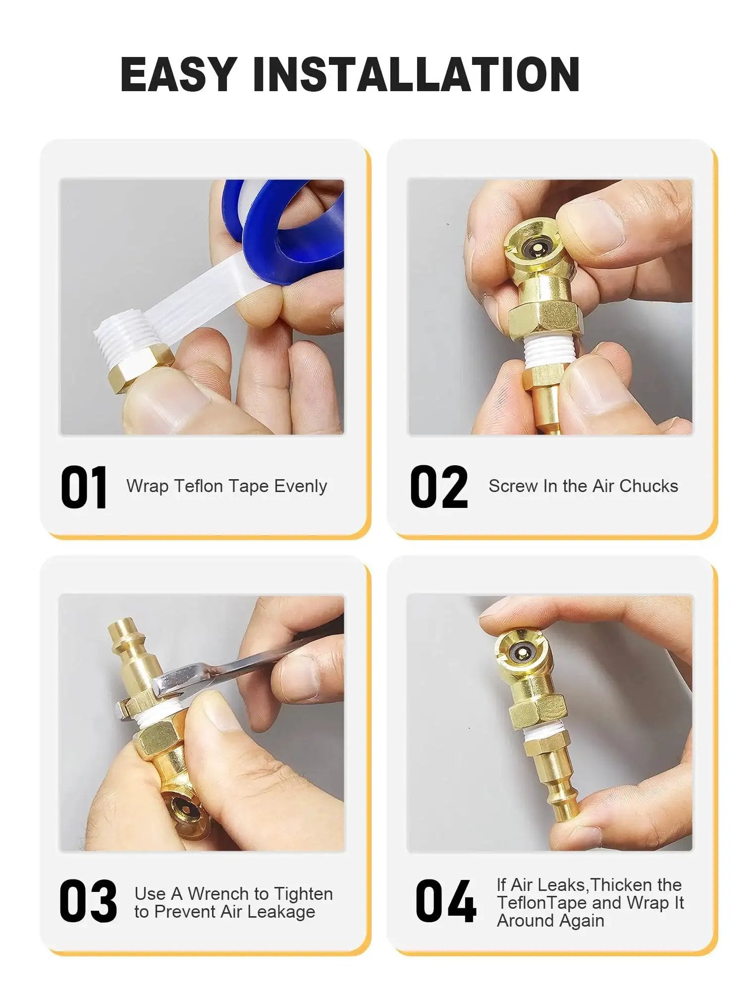 Installation steps for Two Pack Durable Metal Closed Ball Air Chucks With One Quarter Inch NPT Quick Plug For Tire Inflation And Air Compressor Hoses Leak Proof Tire Inflator Nozzle For Automotive Shops Service Fleets And Home Garages.