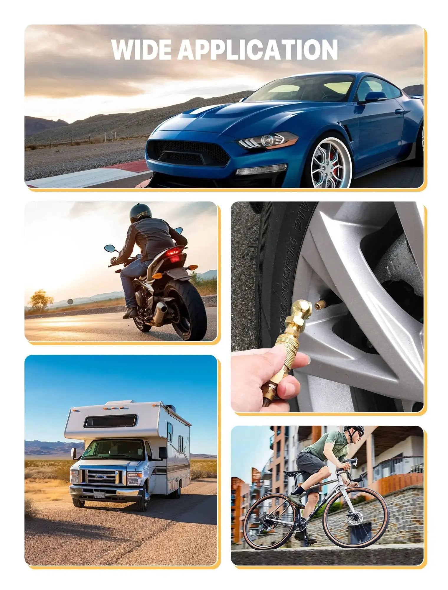 Two Pack Durable Metal Closed Ball Air Chucks With One Quarter Inch NPT Quick Plug in use on car, motorcycle, RV, and bicycle tires.