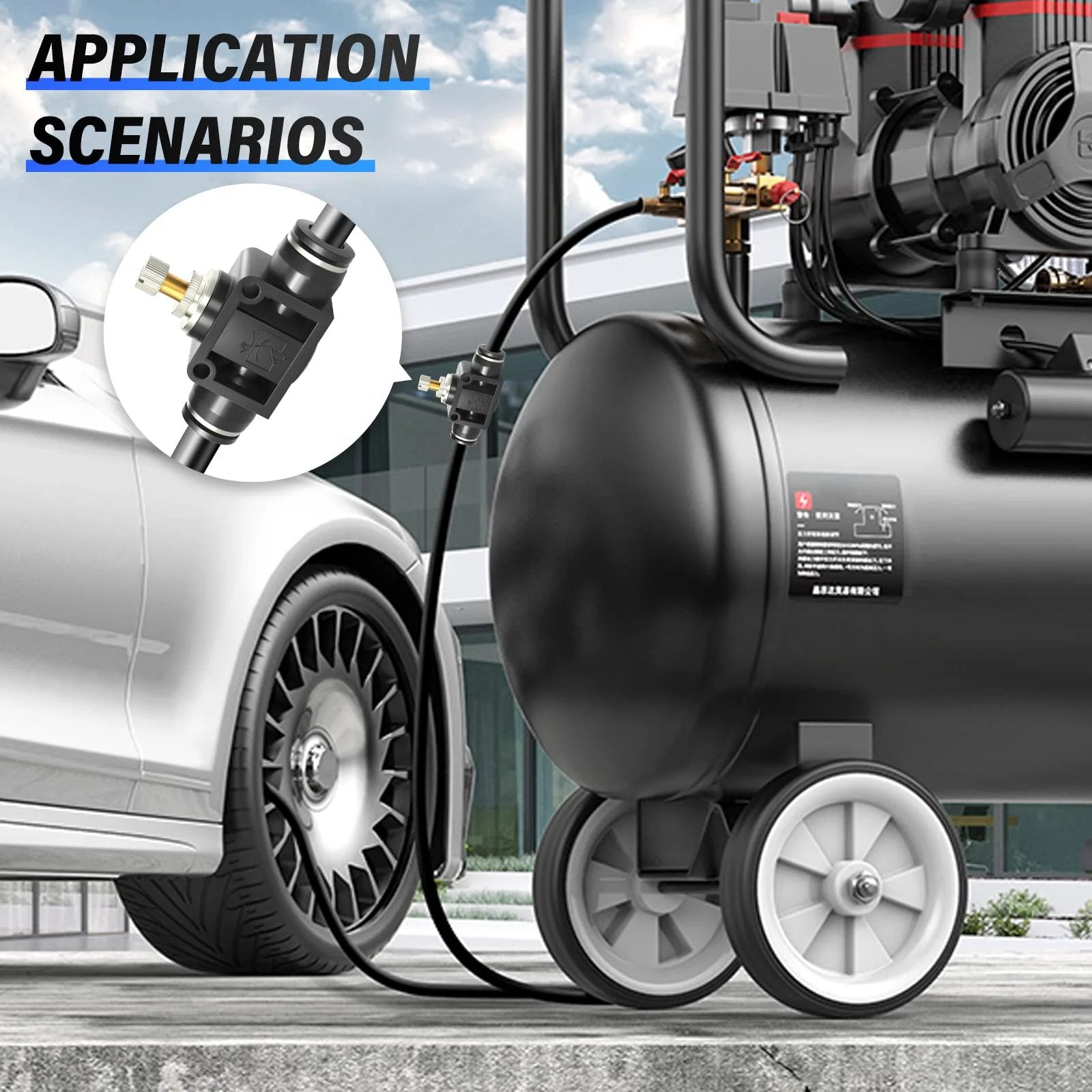 Air Flow Control Valve For Pneumatic Systems Tailonz Push To Connect In Line Speed Controller For Low Speed Cylinders One Quarter Inch Tube OD connected to air compressor.